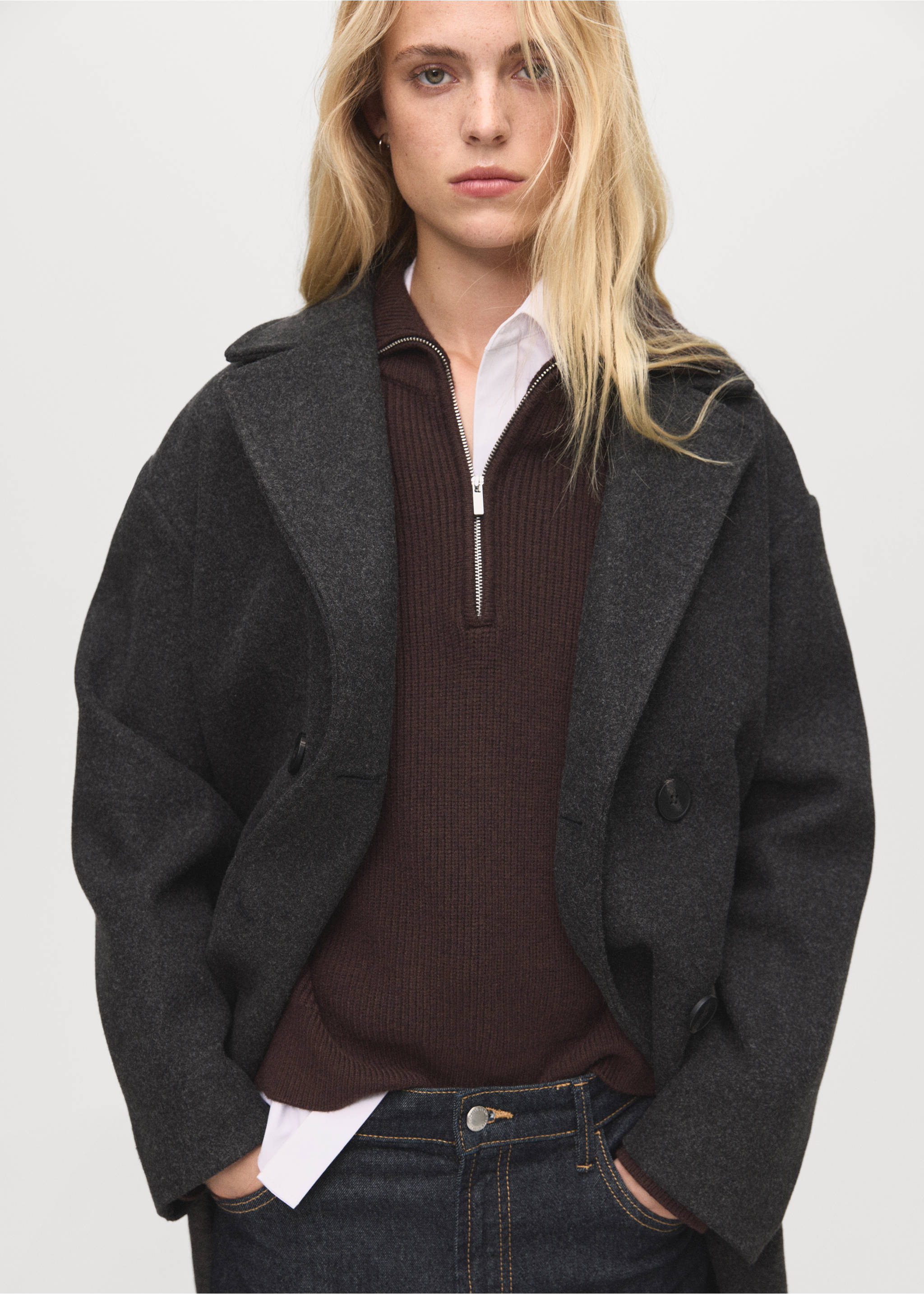 Dark grey oversized coat with wide lapels., Charcoal. Ref: 17095812-00.