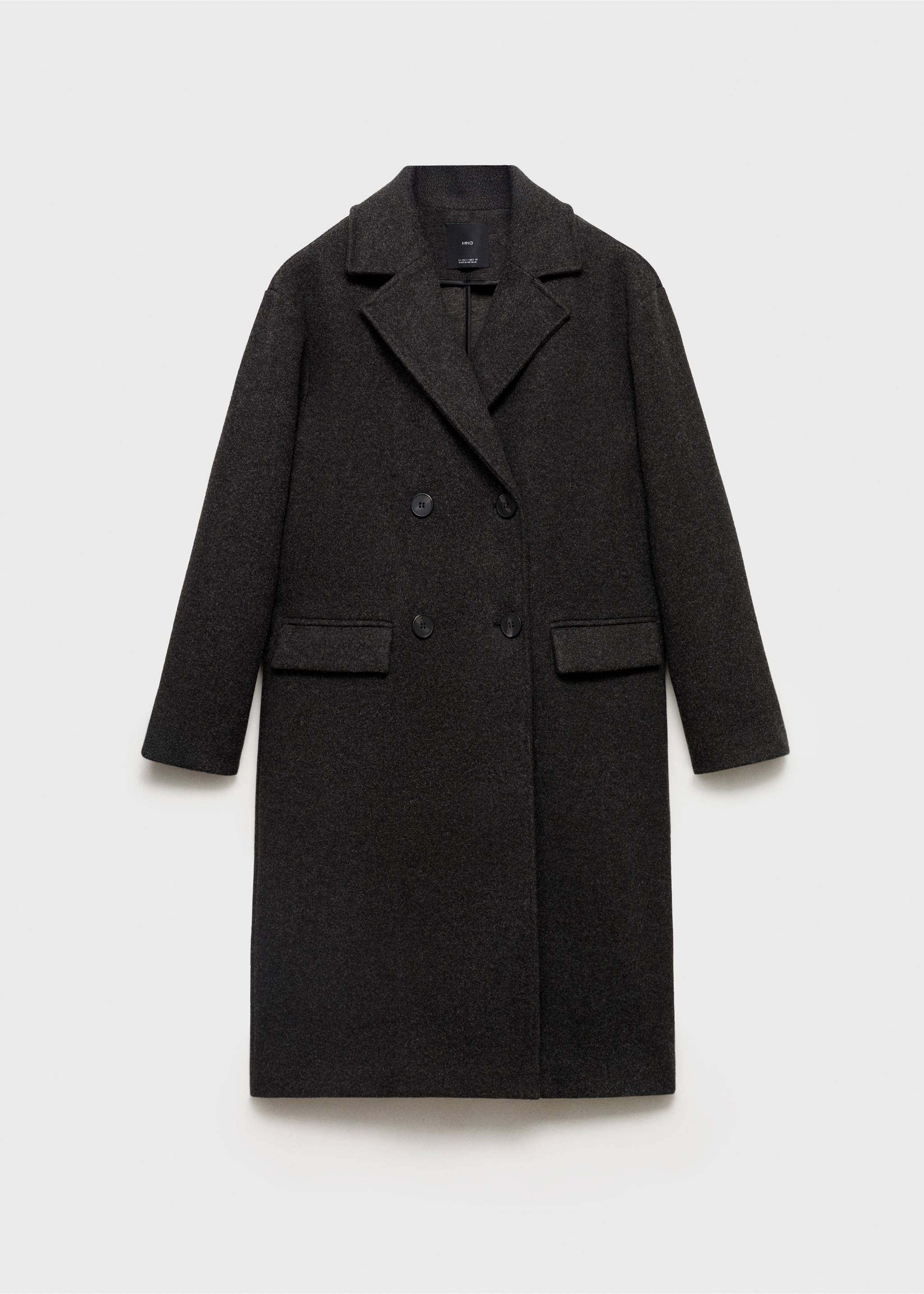 Dark grey double-breasted coat with notched lapels and flap pockets., Charcoal. Ref: 17095812-00.