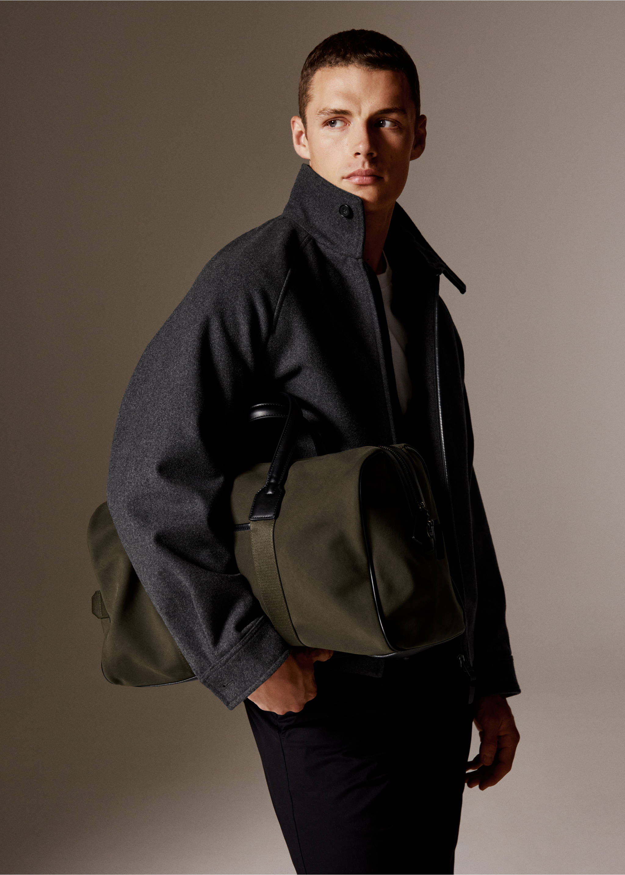 Bolso bowling combinado piel y algodón - Plano general, Khaki. Ref: 17095980-00.