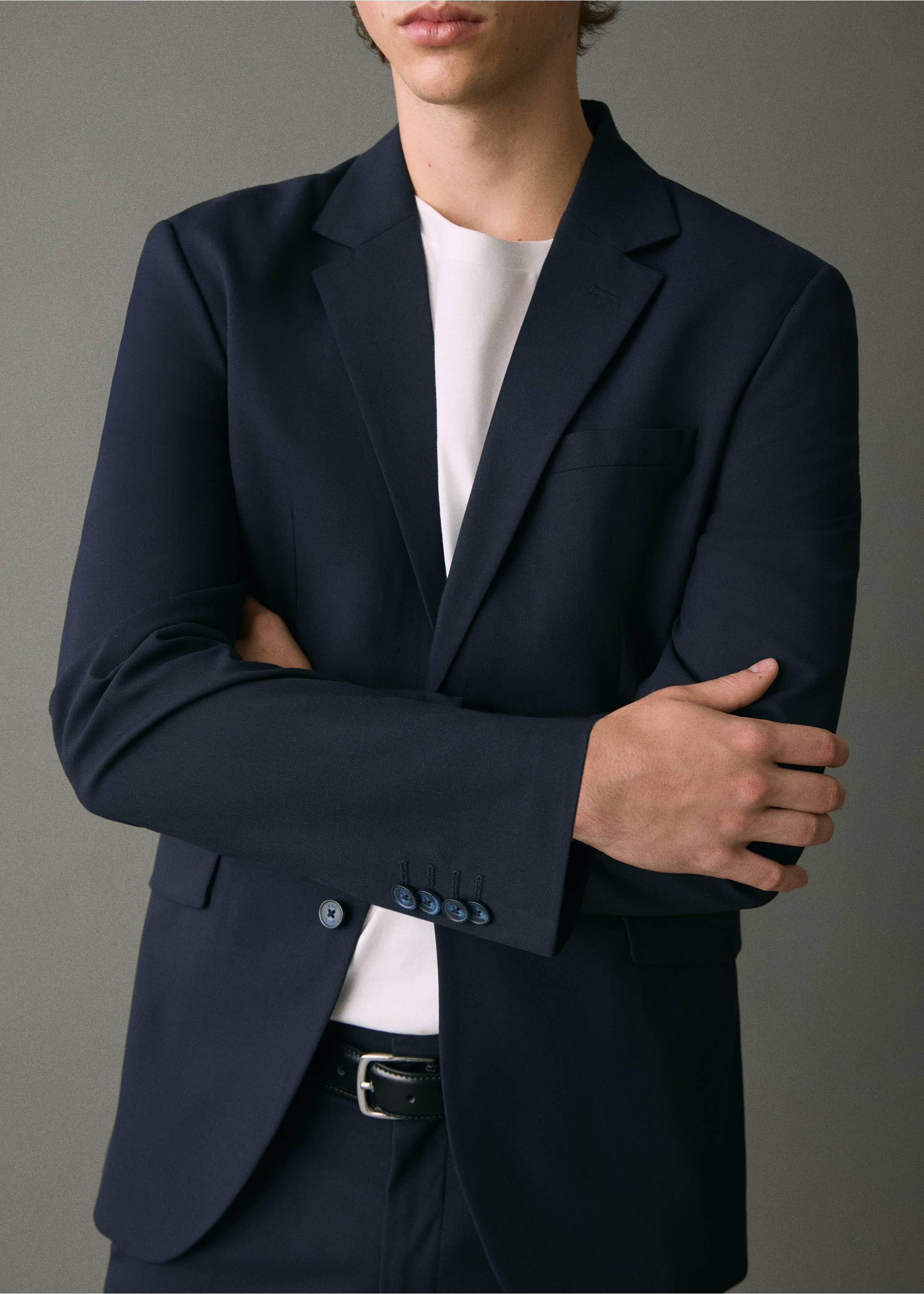 Straight-fit suit jacket - Details of the article 1, Navy. Ref: 17096326-00.