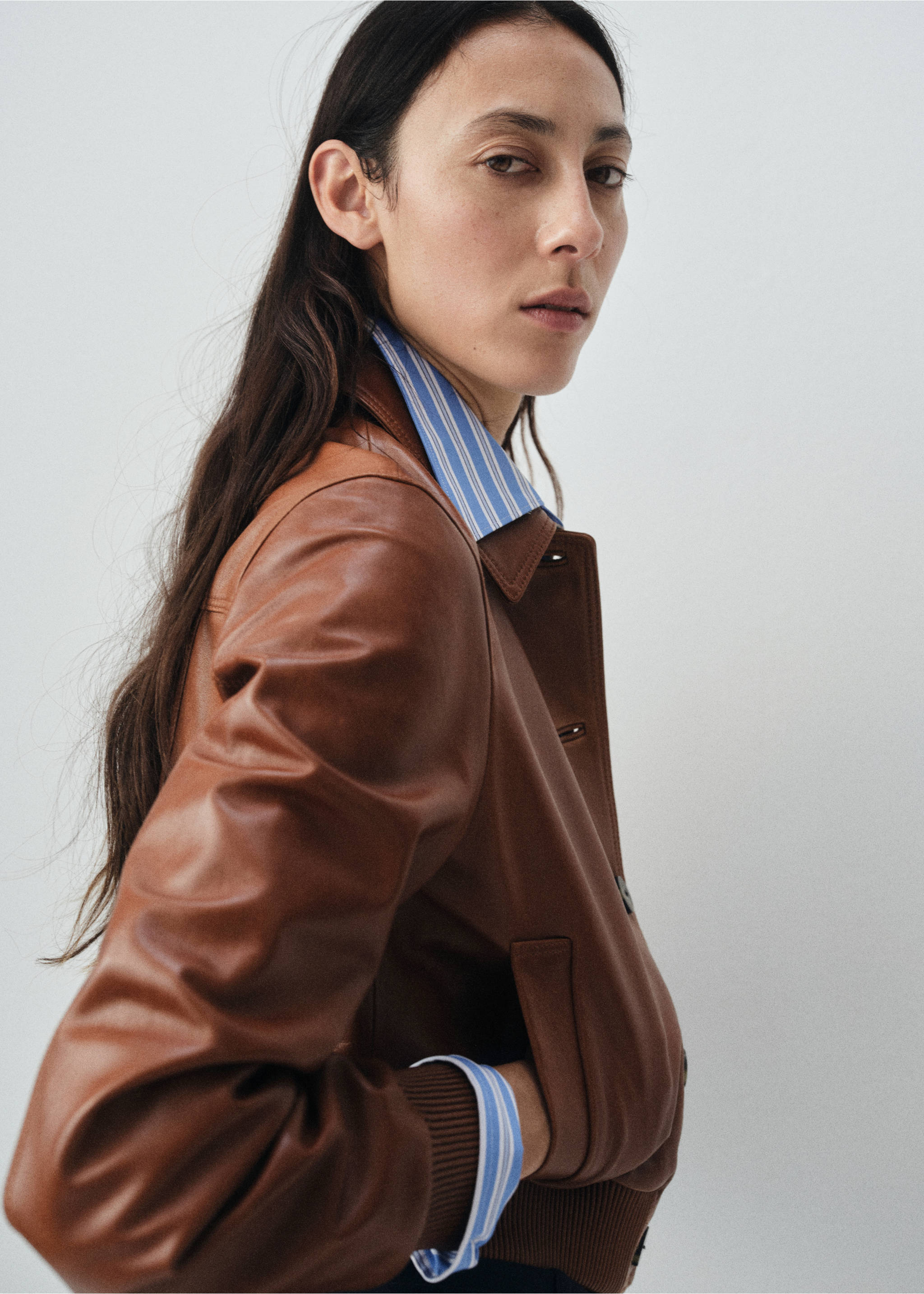 100% leather bomber jacket - Details of the article 1, Medium Brown. Ref: 17096342-00.