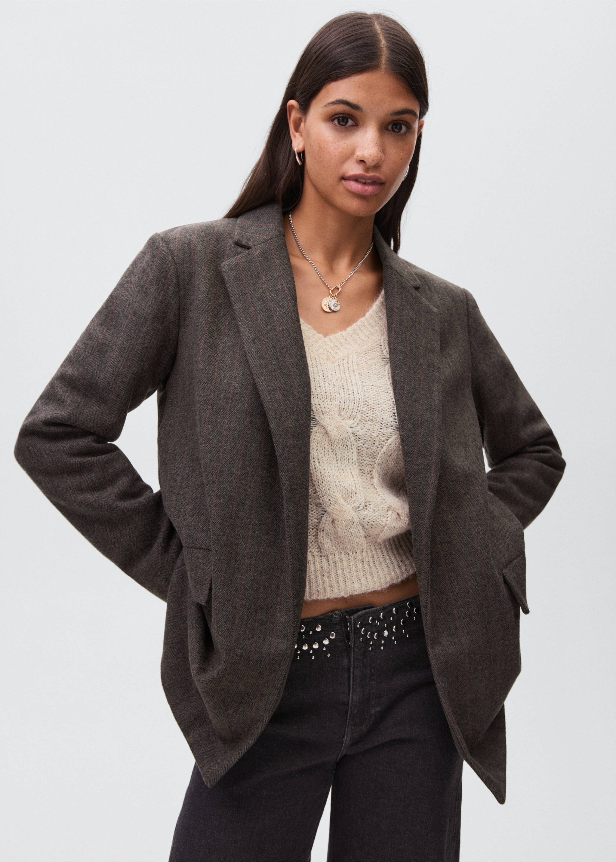 Blazer espiga lana - Plano medio, Gris. Ref: 17096719-00.