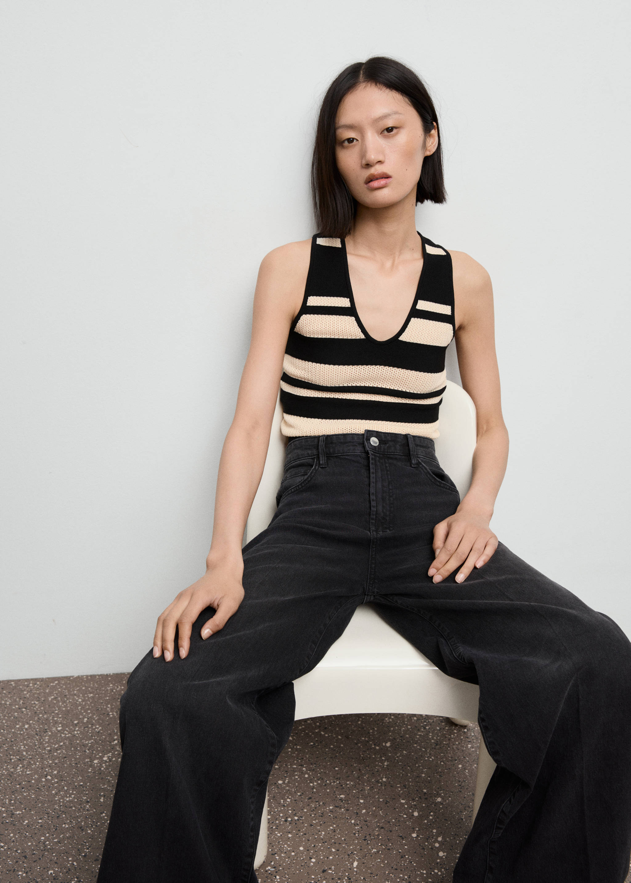 条纹V领针织衫 - null