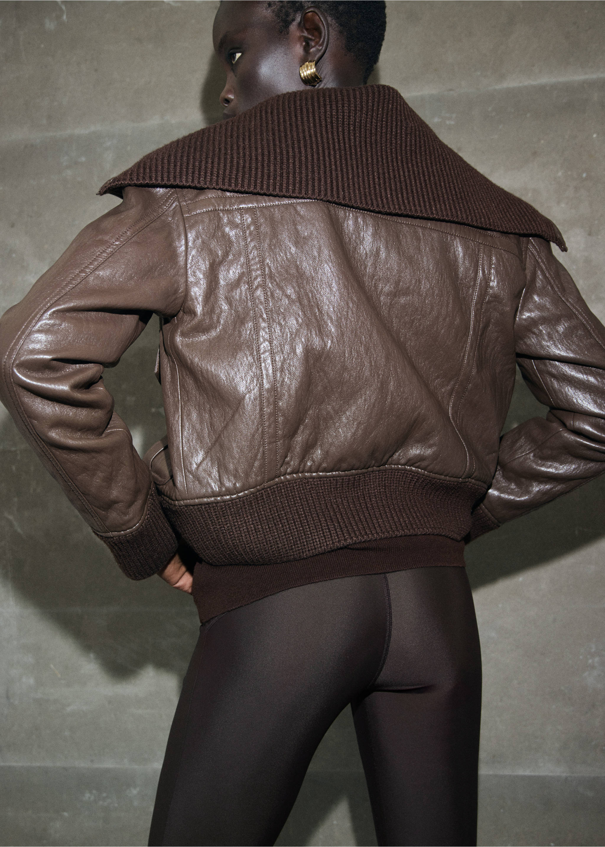 Faux-leather jacket with a roll-neck collar - Reverse of the article, Brown. Ref: 17097136-00.