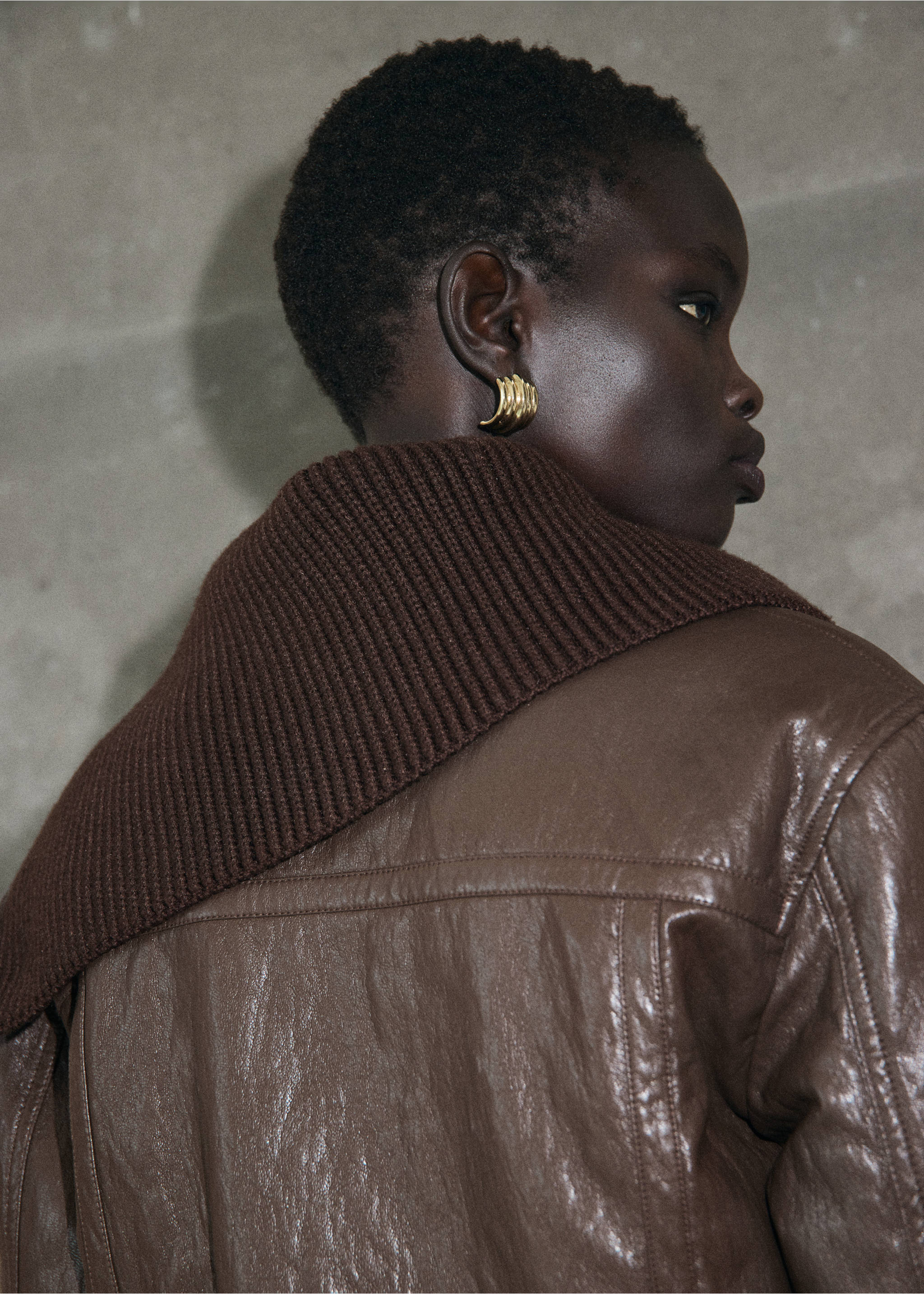 Faux-leather jacket with a roll-neck collar - Details of the article 1, Brown. Ref: 17097136-00.