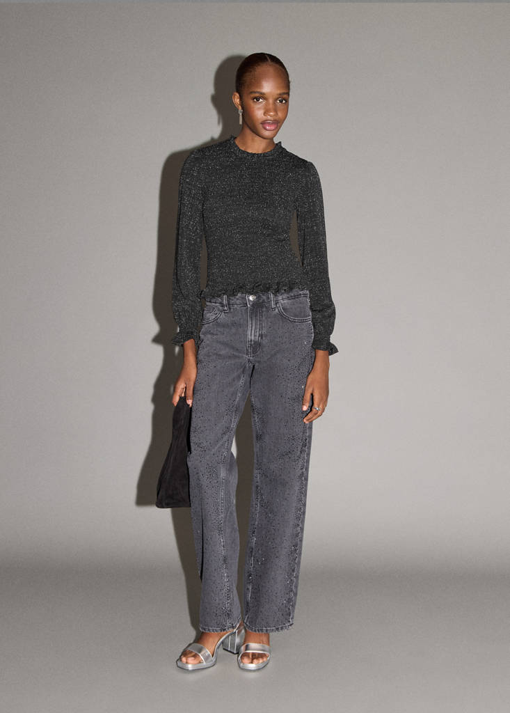 Frilled lurex t-shirt — Black