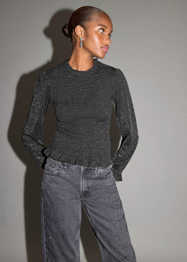 Frilled lurex t-shirt — Black