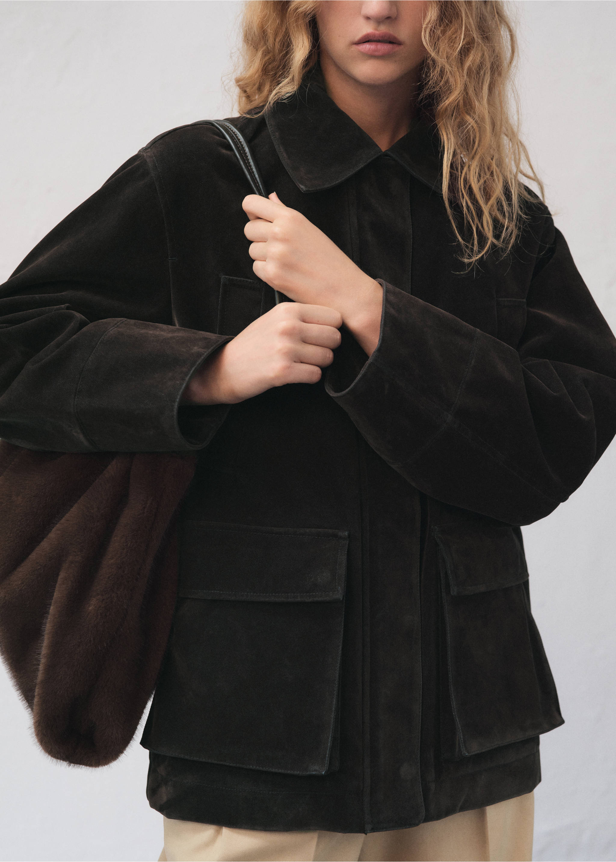 Velvet finish parka with faux-fur collar - Medium plane, Chocolate. Ref: 17097804-00.