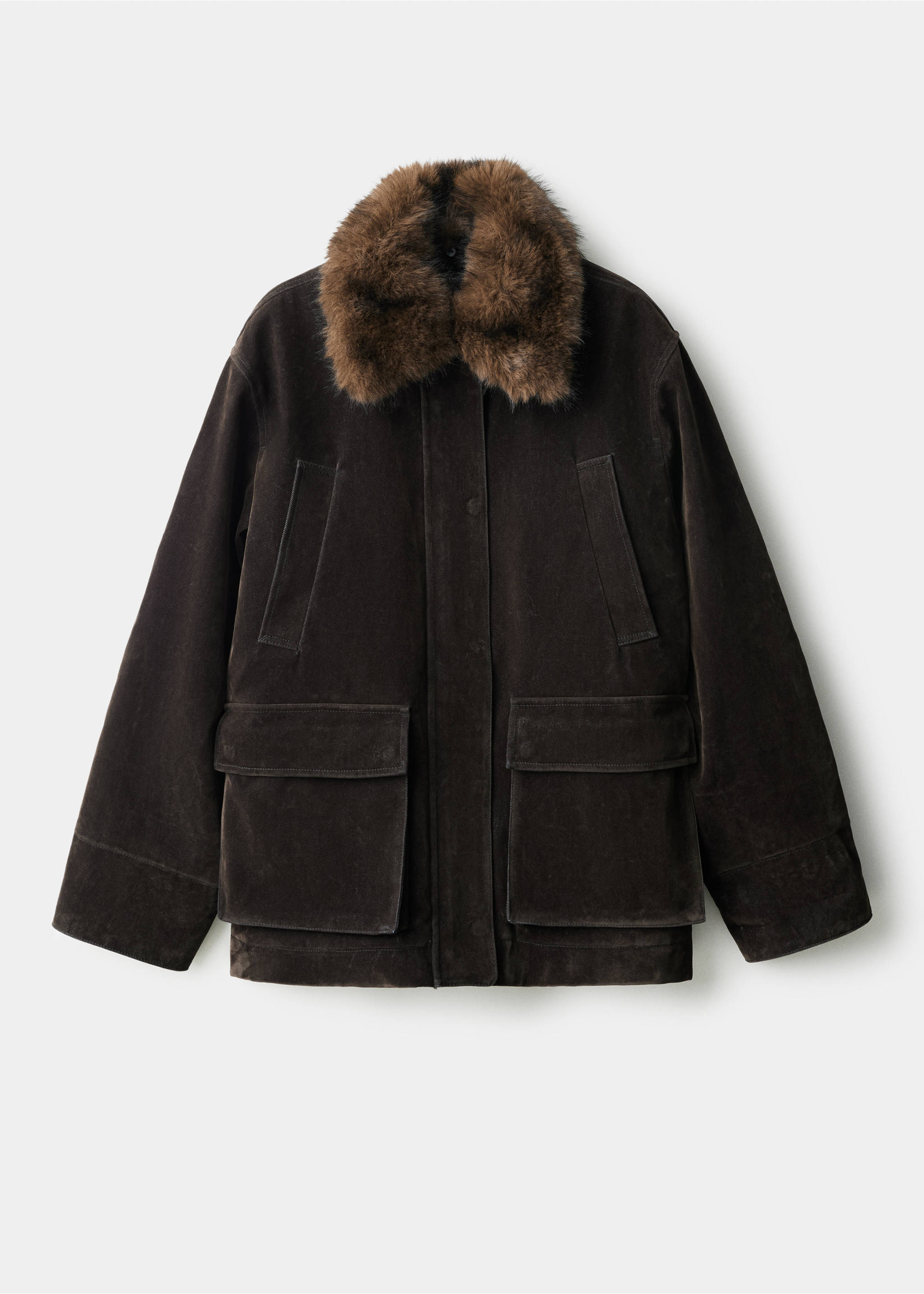 Velvet finish parka with faux-fur collar - Article without model, Chocolate. Ref: 17097804-00.