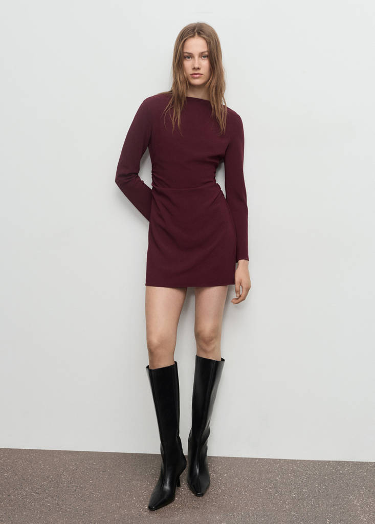 MANGO - Robe col bateau froncée grenat - L