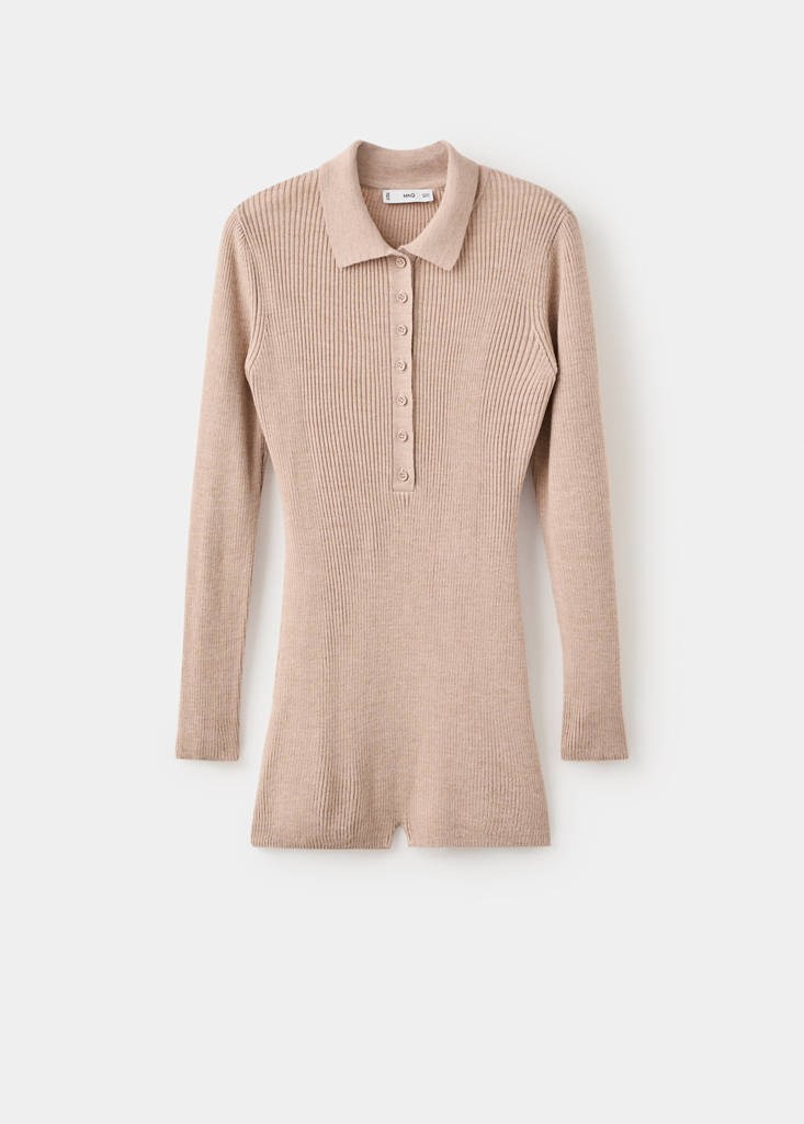 Ribbed knitted polo-neck playsuit — Medium Brown