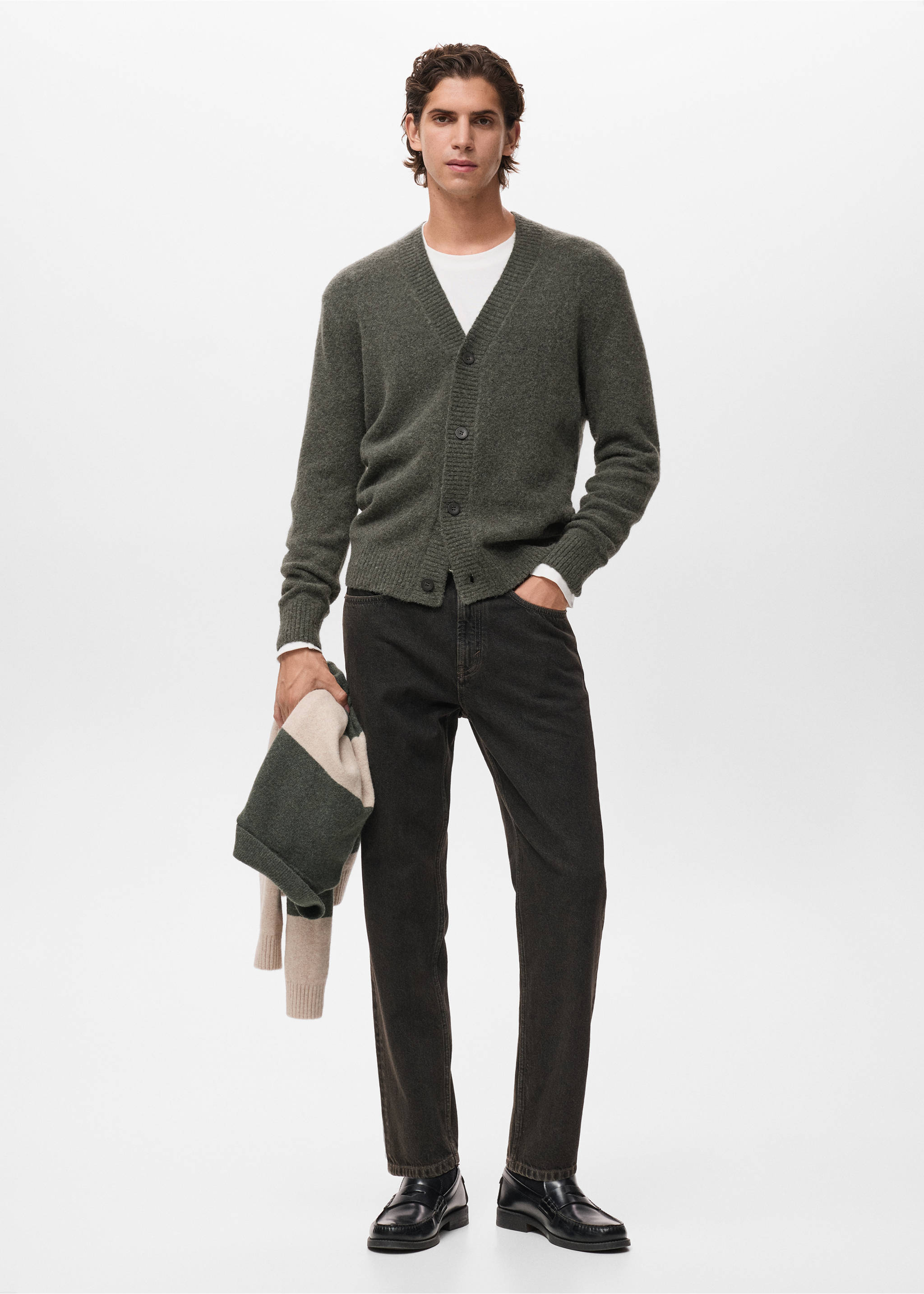 Cárdigan punto mezcla lana - Plano general, Verde oscuro. Ref: 17097895-00.