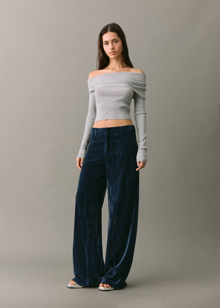 Straight velvet trousers — Navy