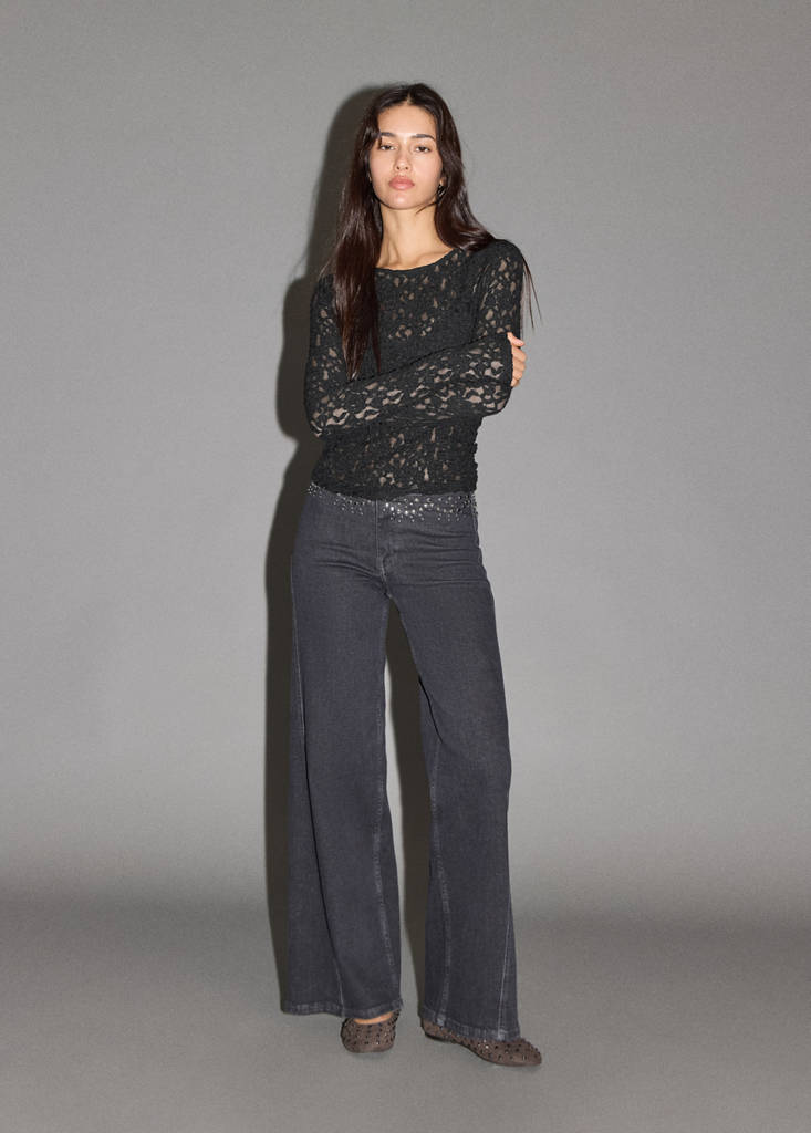 Long sleeve lace T-shirt — Black