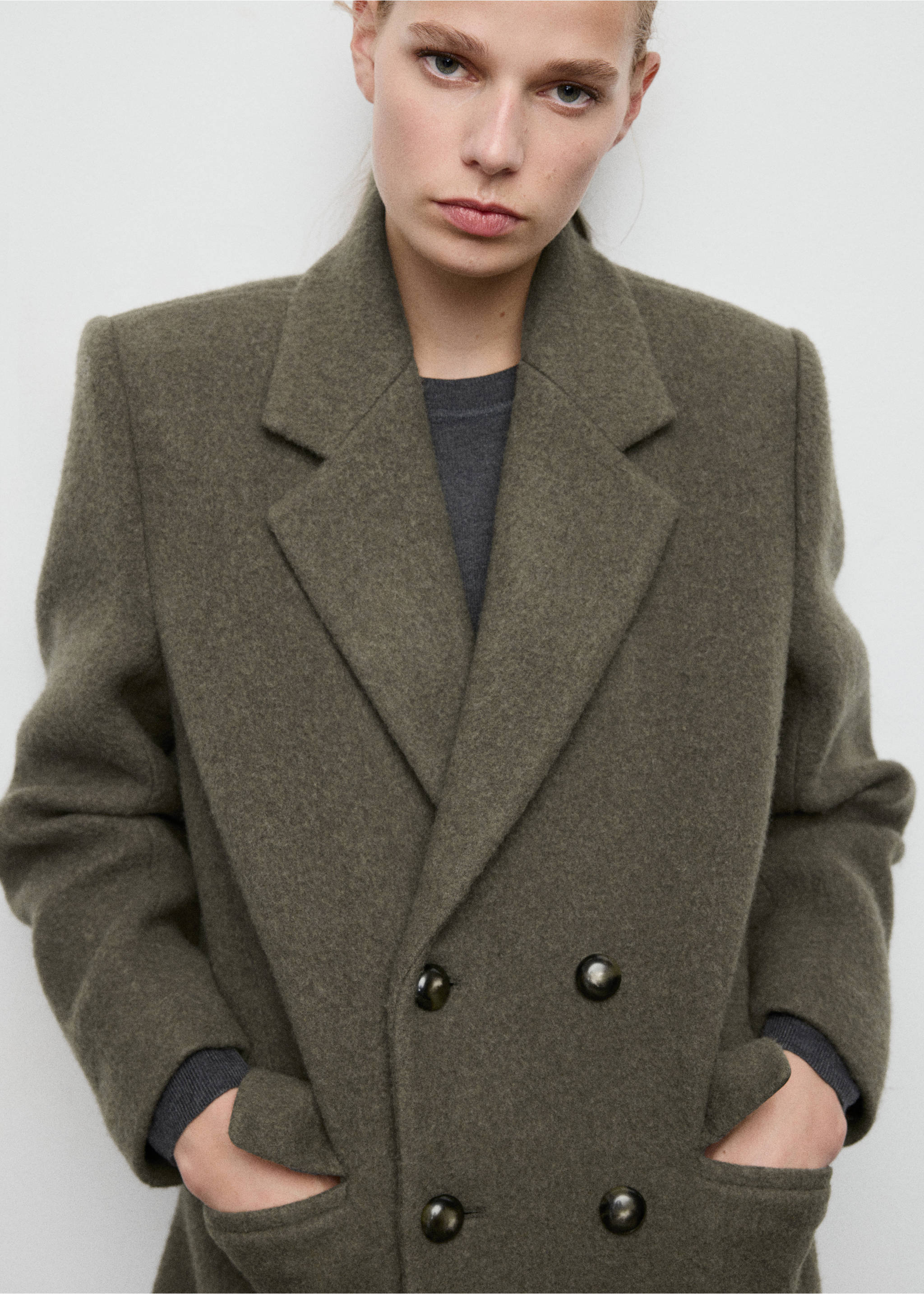 Double-breasted wool coat - Details of the article 3, Khaki. Ref: 17098289-00.