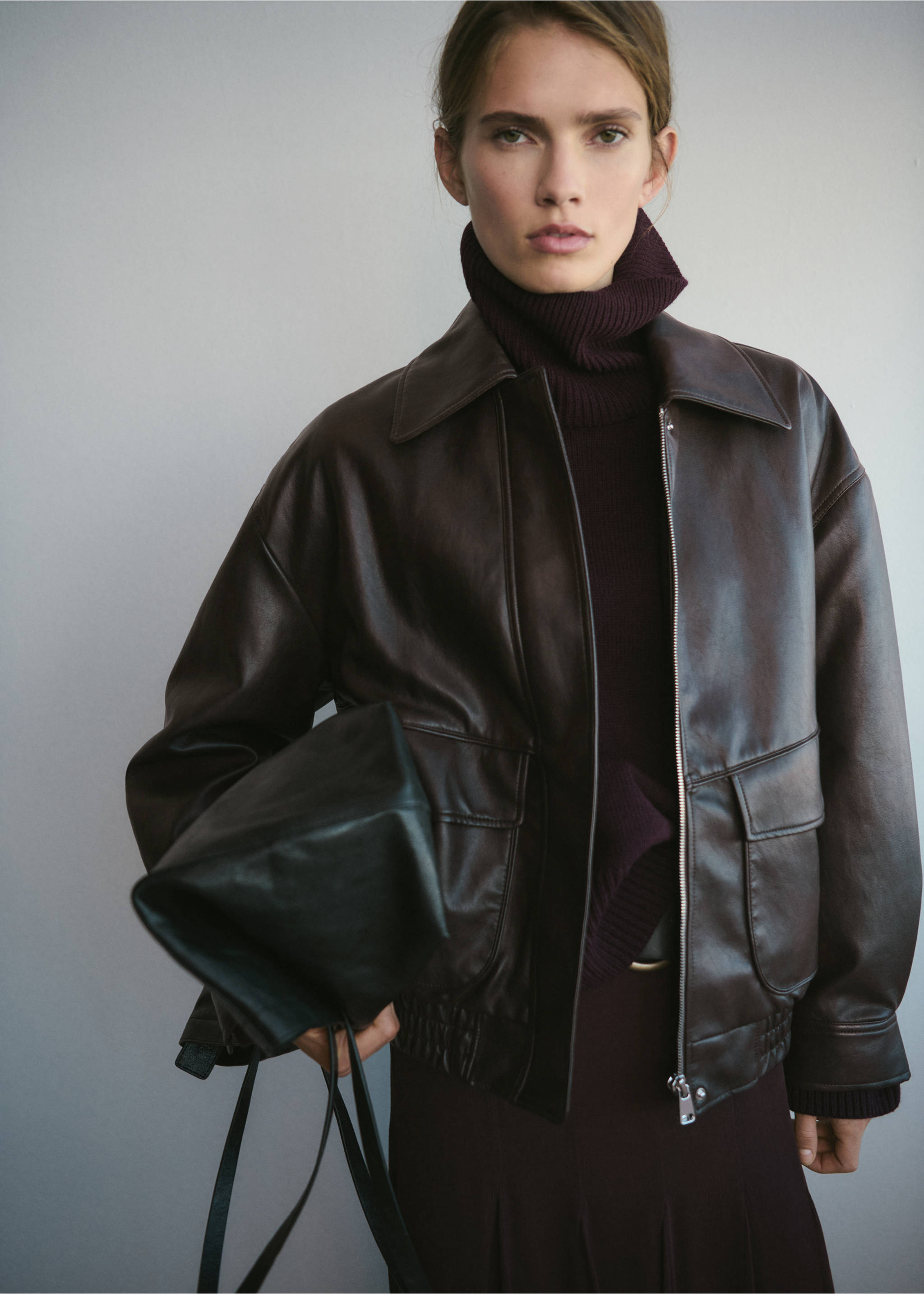 Oversized faux leather jacket - Medium plane, Brown. Ref: 17098638-00.