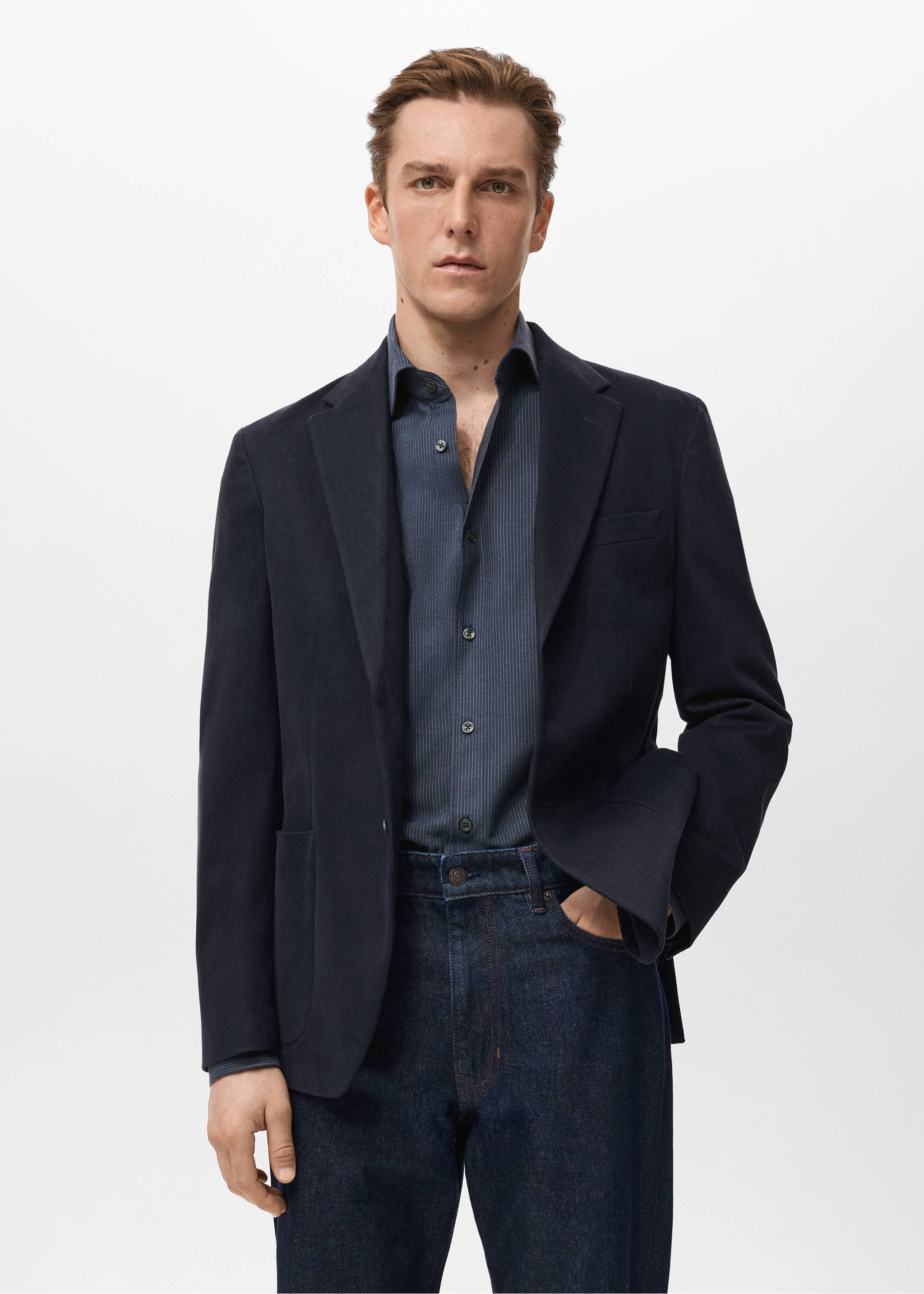 Katoenen slim fit blazer - Middenvlak, Marineblauw. Ref: 17098640-00.