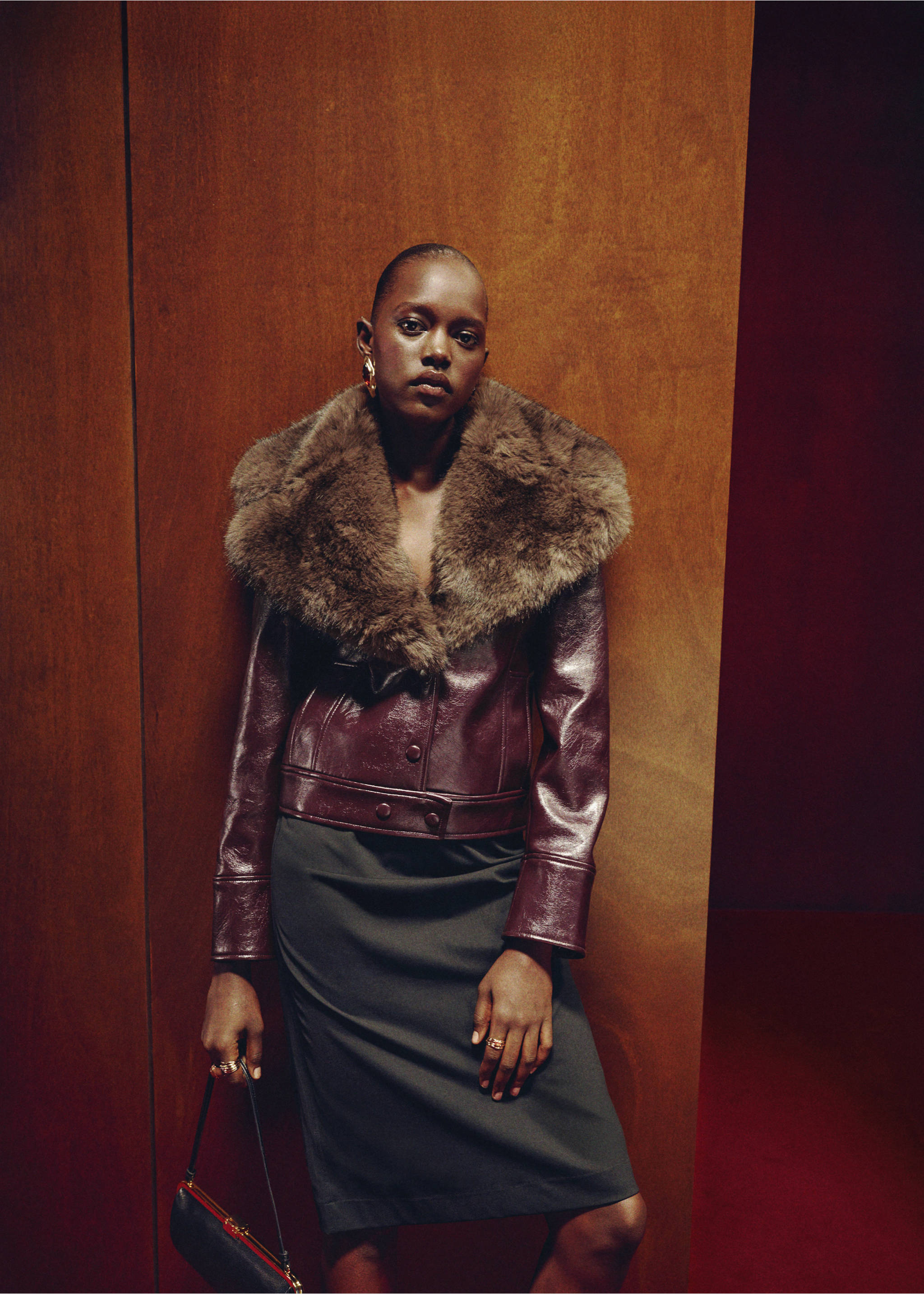 Faux-leather jacket with faux-fur collar - Medium plane, Maroon. Ref: 17099101-00.