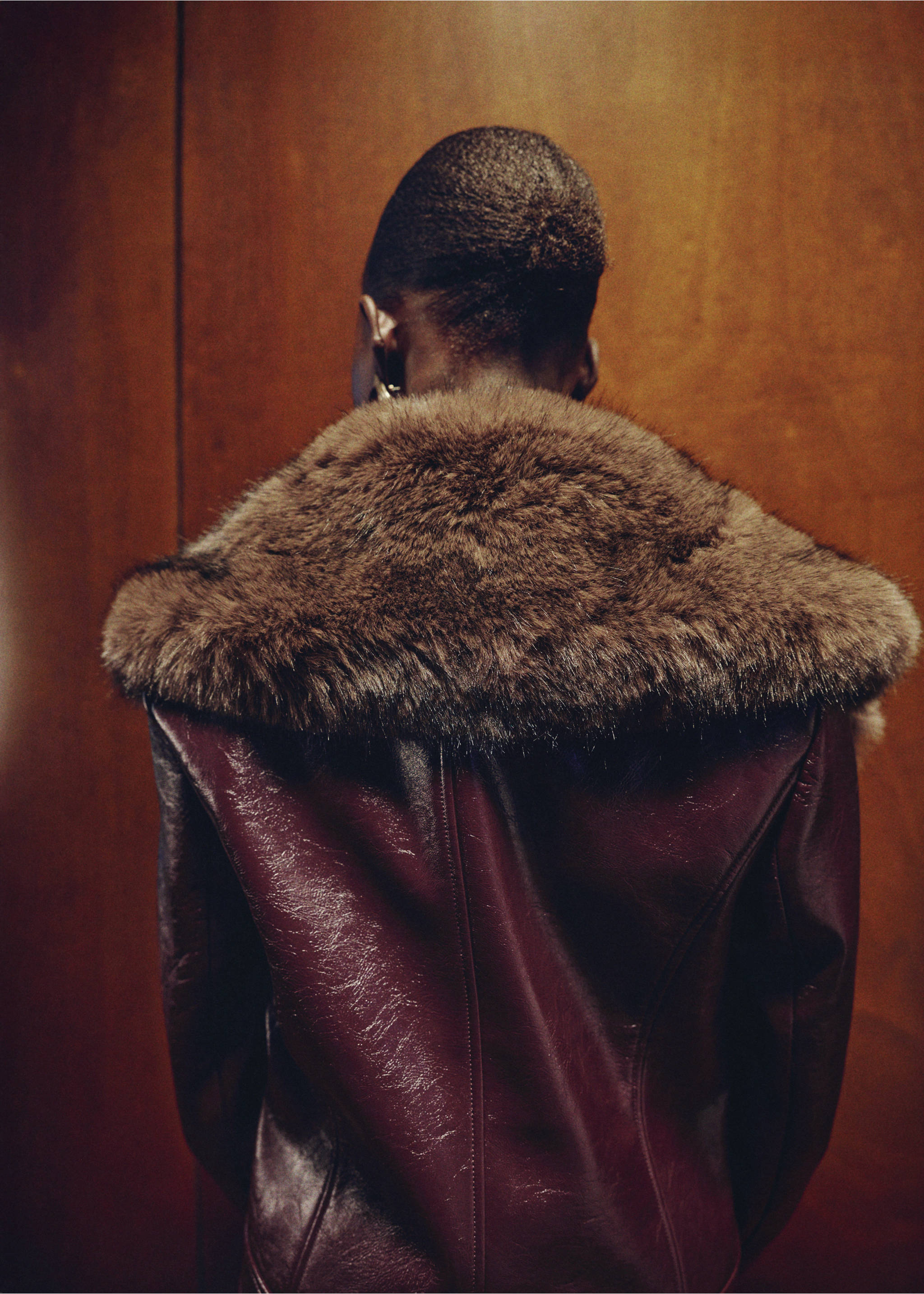 Faux-leather jacket with faux-fur collar - Reverse of the article, Maroon. Ref: 17099101-00.