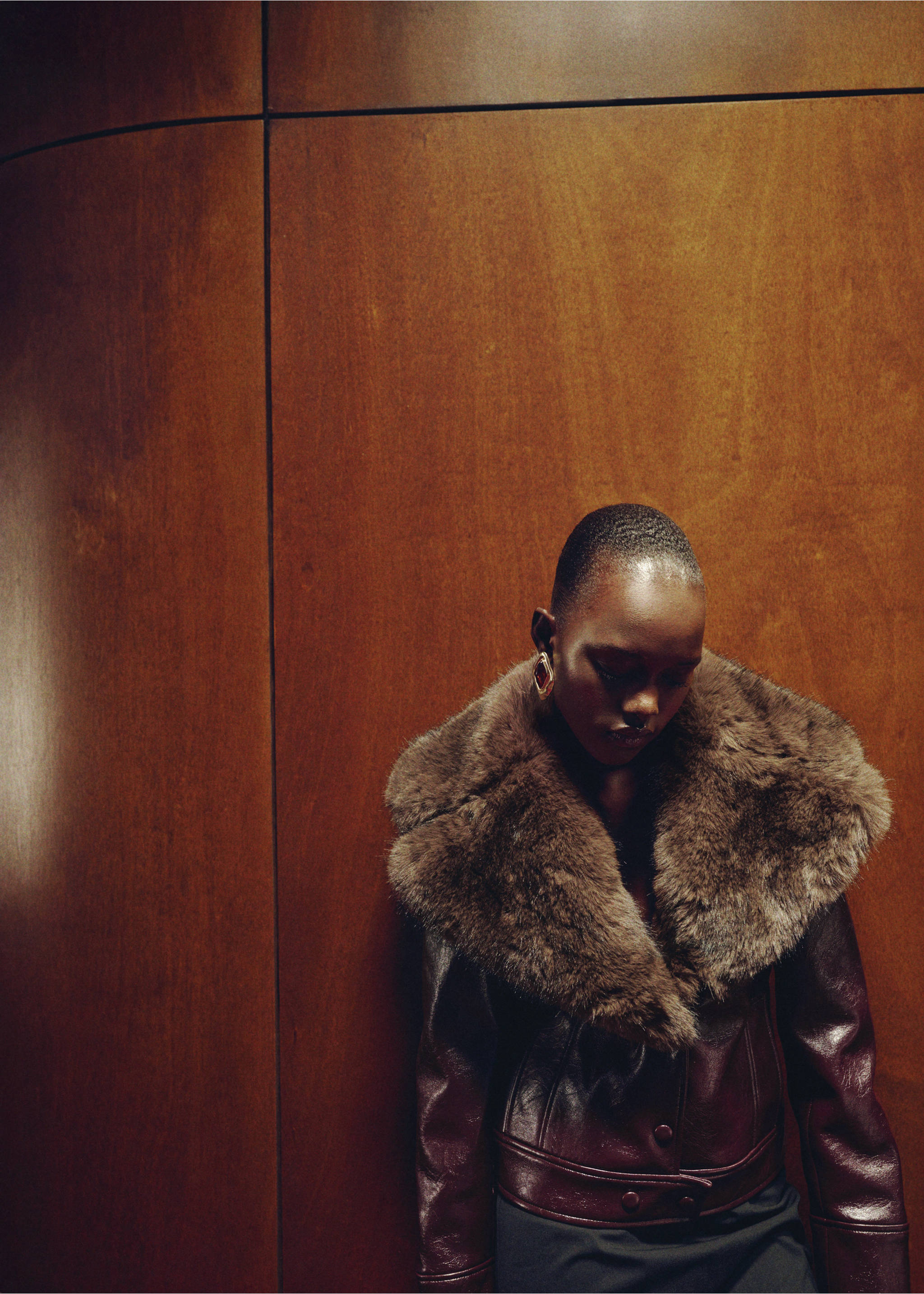 Faux-leather jacket with faux-fur collar - Details of the article 1, Maroon. Ref: 17099101-00.