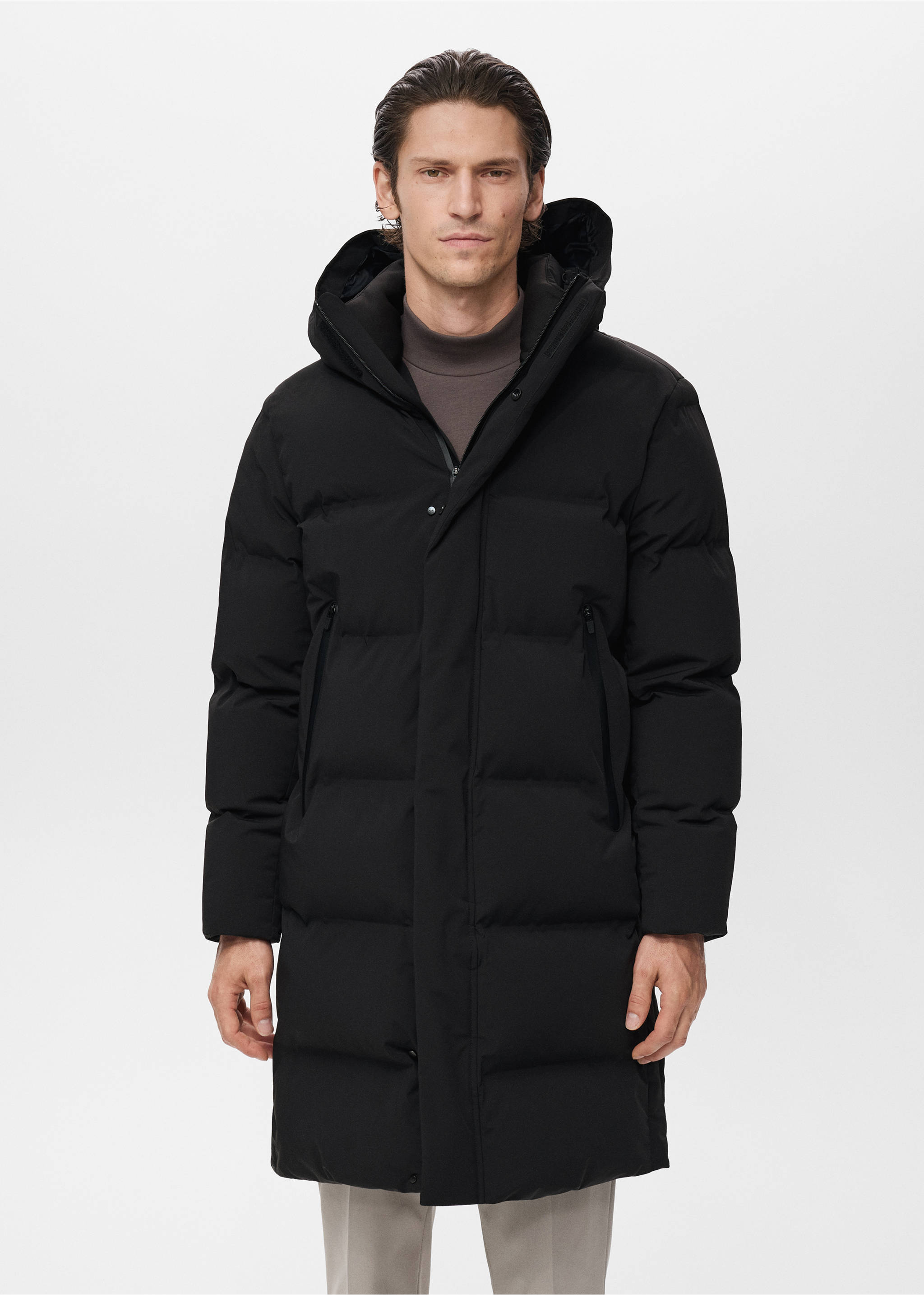 Anorak largo tejido waterproof relleno Thermolite® - Plano medio, Negro. Ref: 17099204-00.