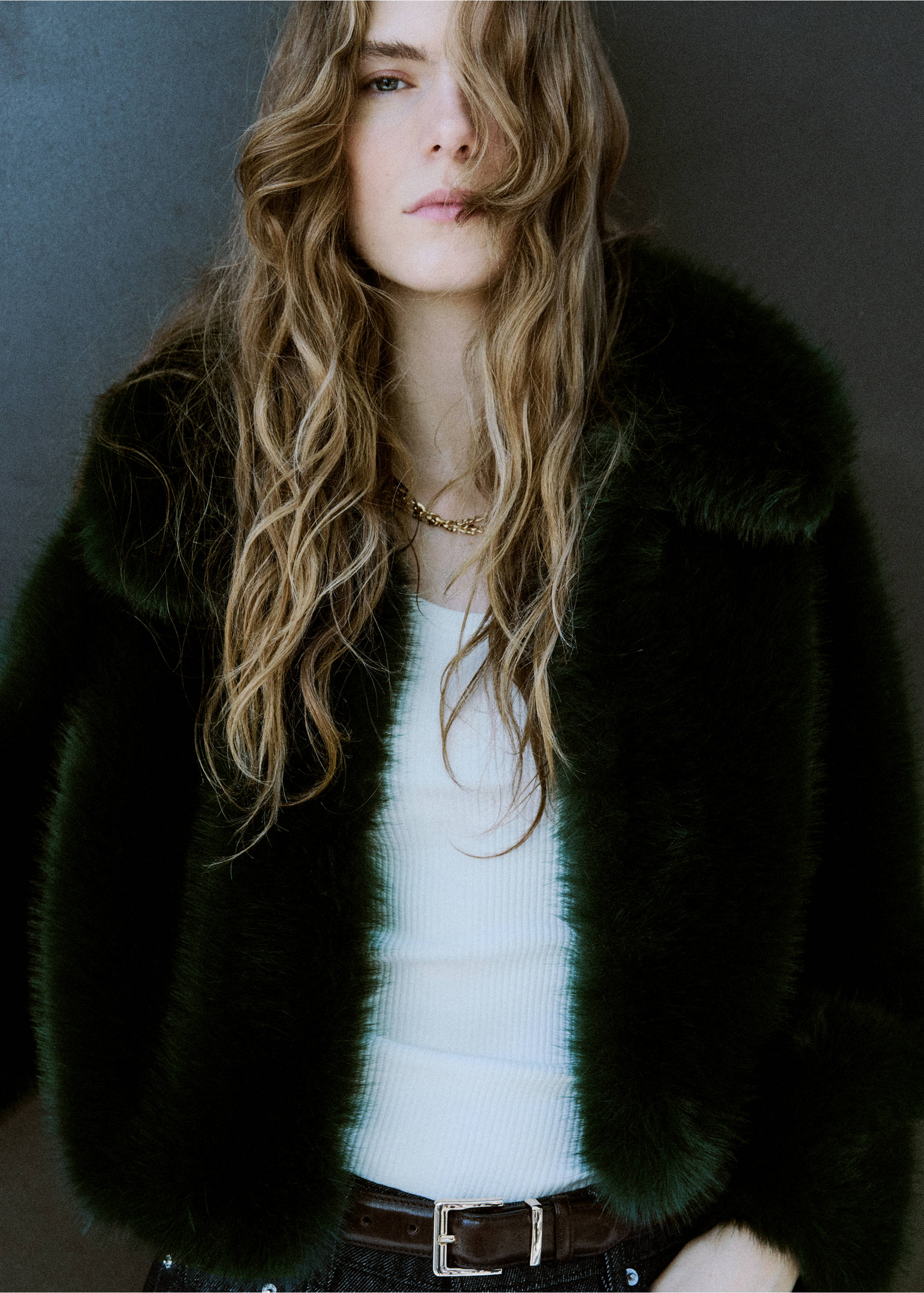 Faux-fur cropped jacket - Medium plane, Green. Ref: 17099211-00.