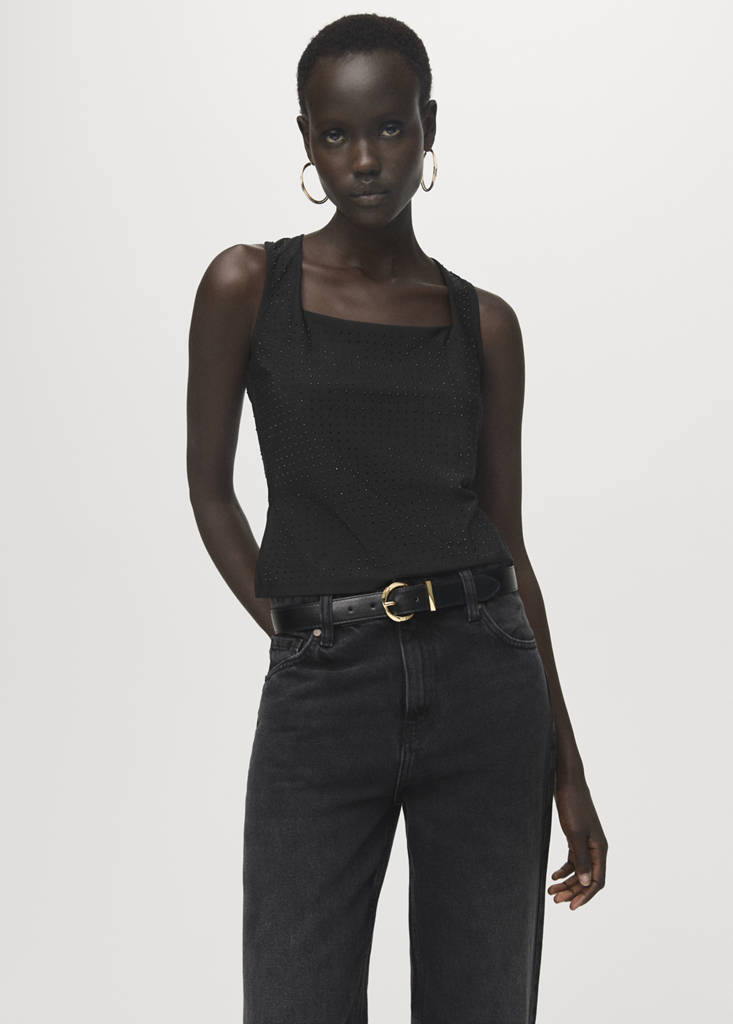 Strappy top with rhinestone detail — Black