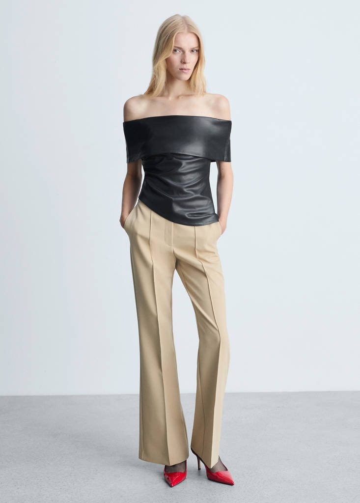 Off-the-shoulder faux-leather top — Black