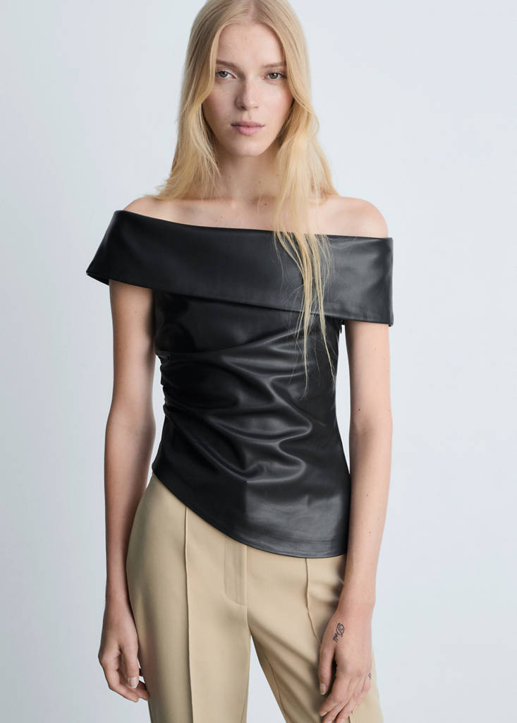 Off-the-shoulder faux-leather top — Black