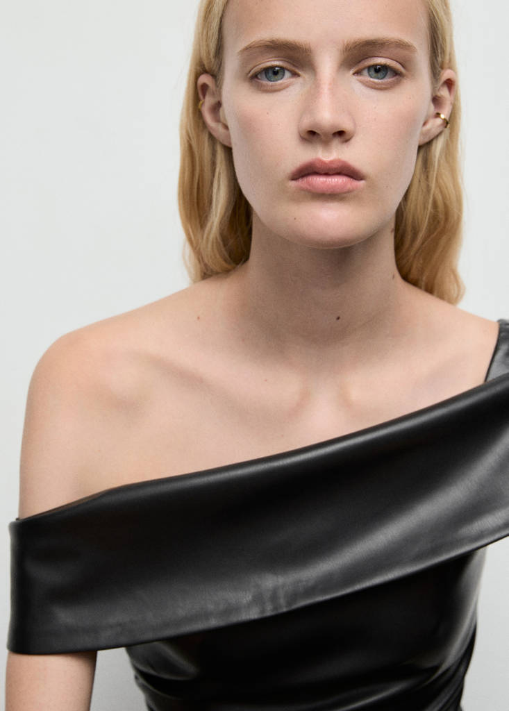 Off-the-shoulder faux-leather top — Black