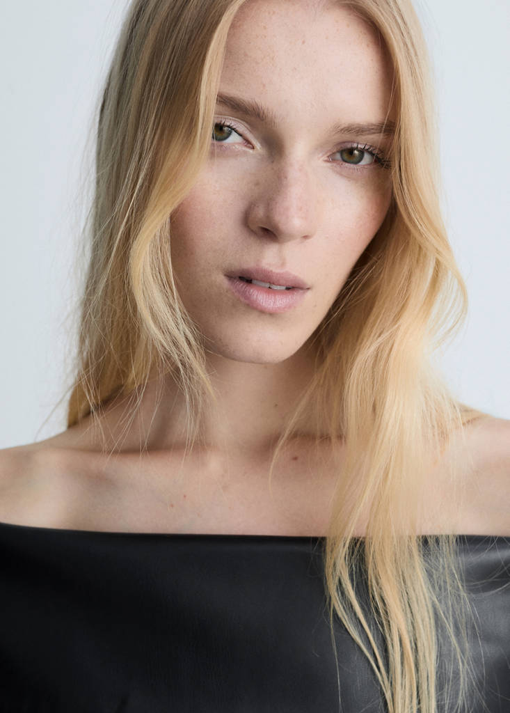 Off-the-shoulder faux-leather top — Black