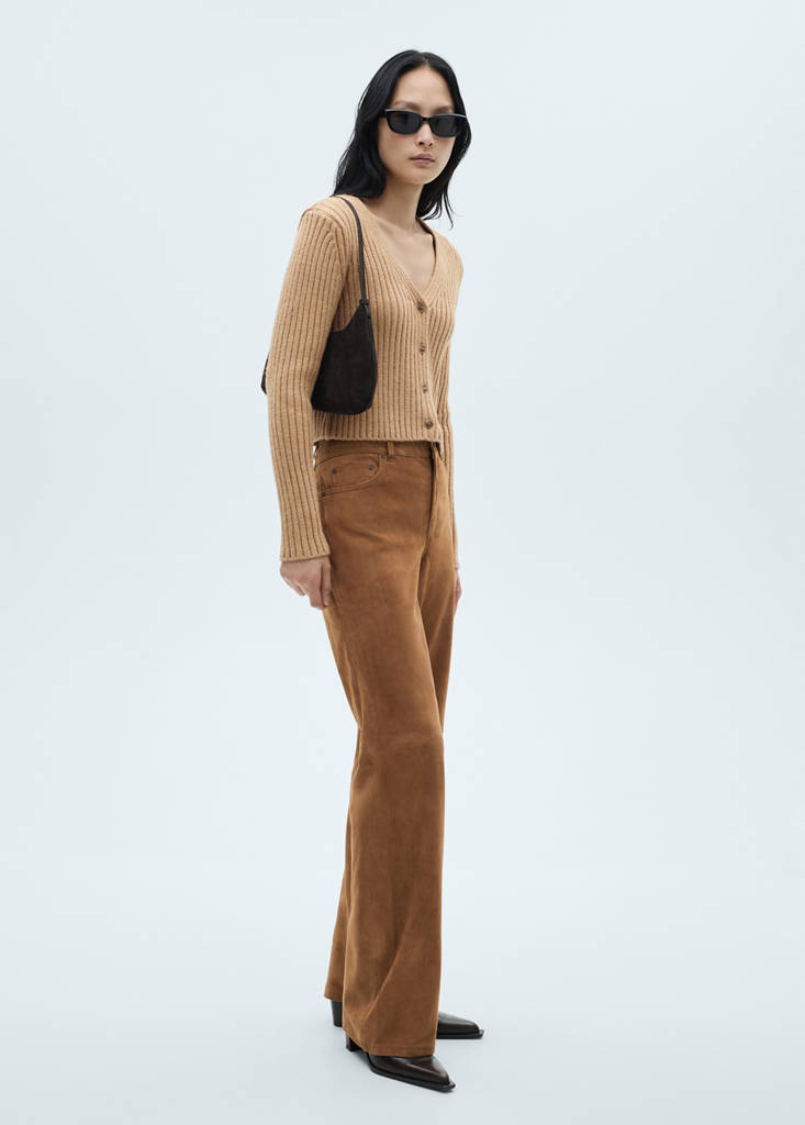 V-neck ribbed cardigan — Medium Brown