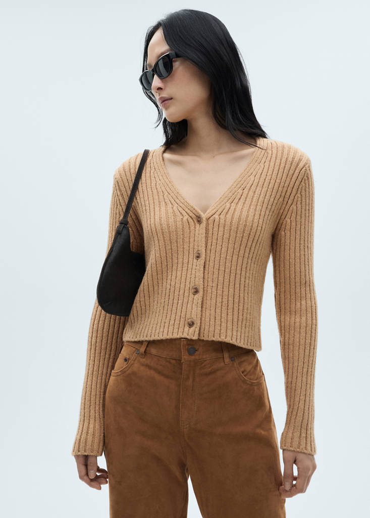 V-neck ribbed cardigan — Medium Brown