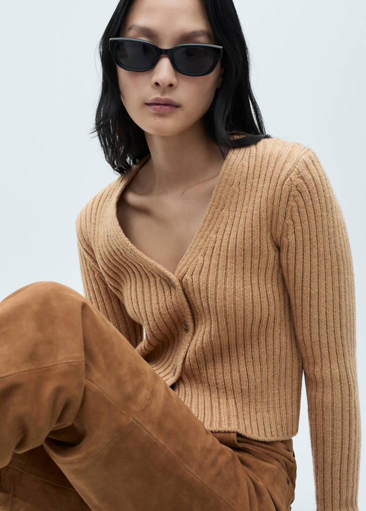 V-neck ribbed cardigan — Medium Brown