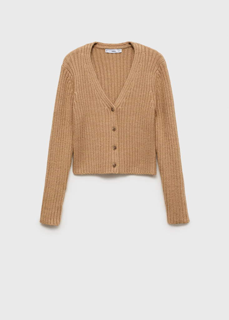 V-neck ribbed cardigan — Medium Brown