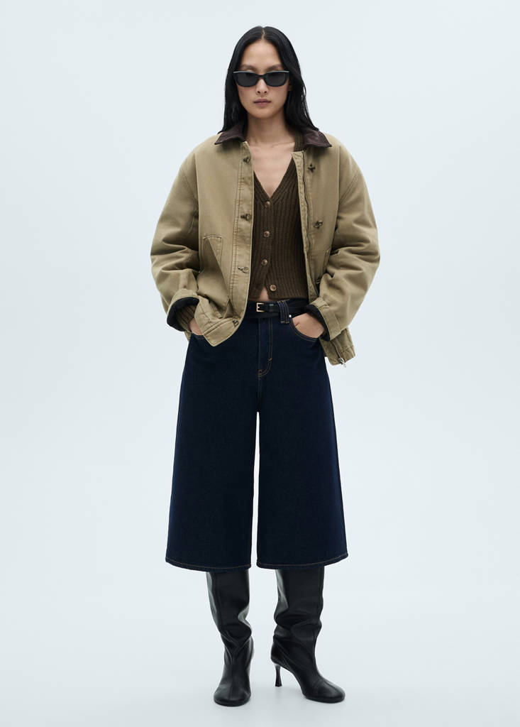 V-neck ribbed cardigan — Khaki