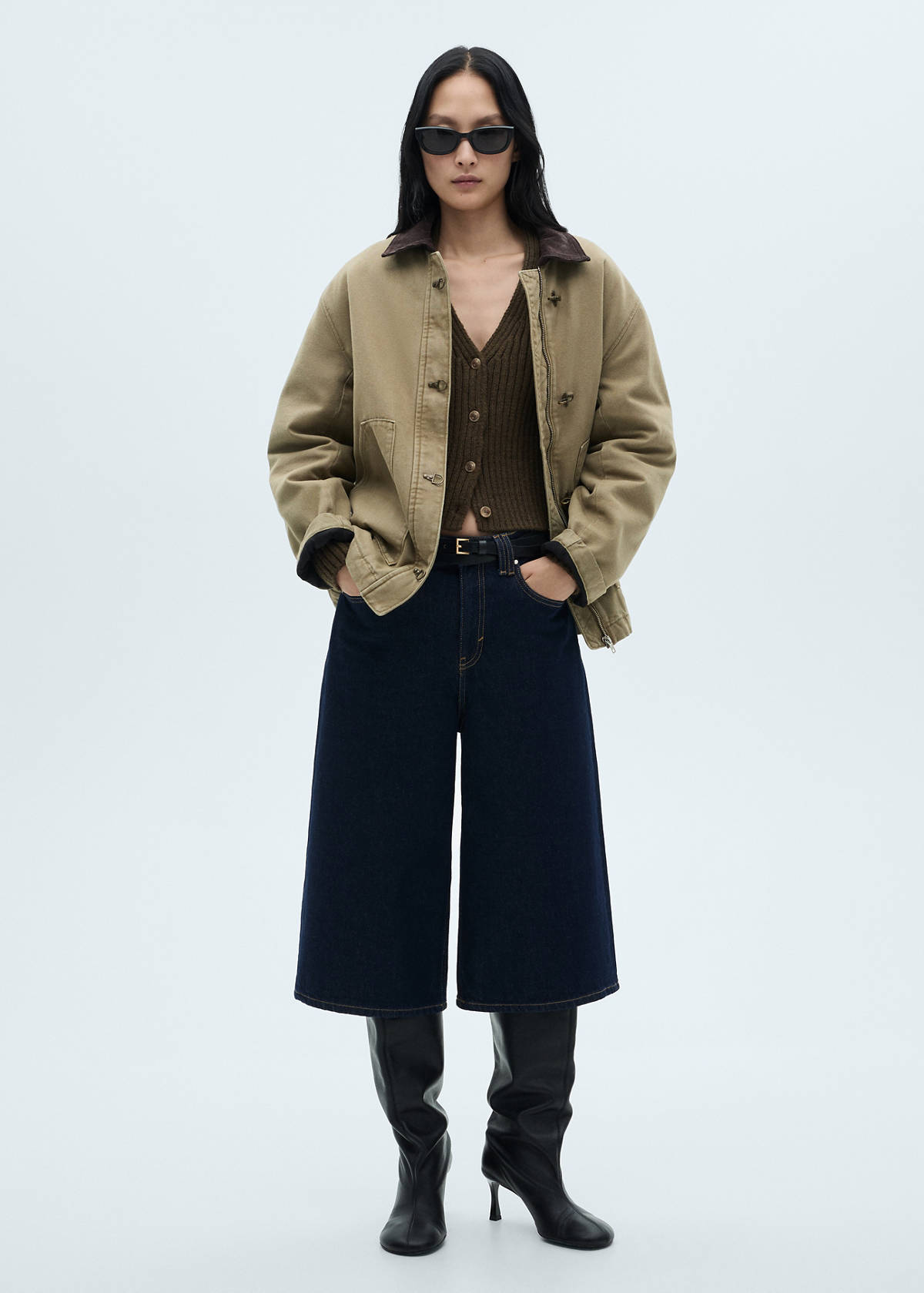 V-neck ribbed cardigan — Khaki