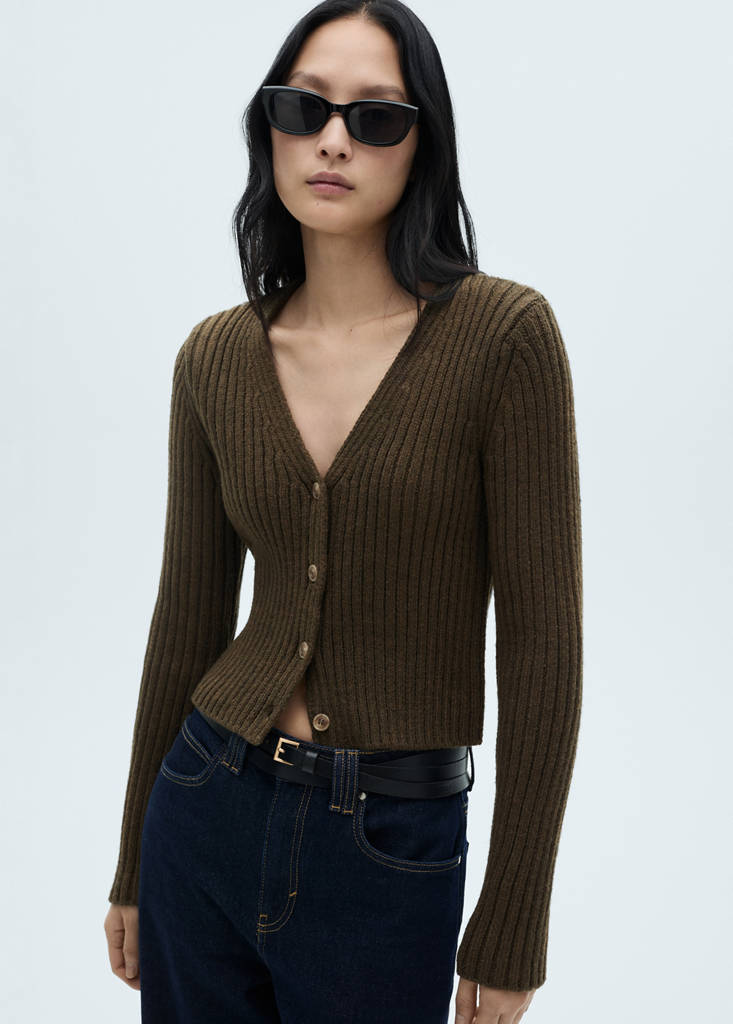 V-neck ribbed cardigan — Khaki