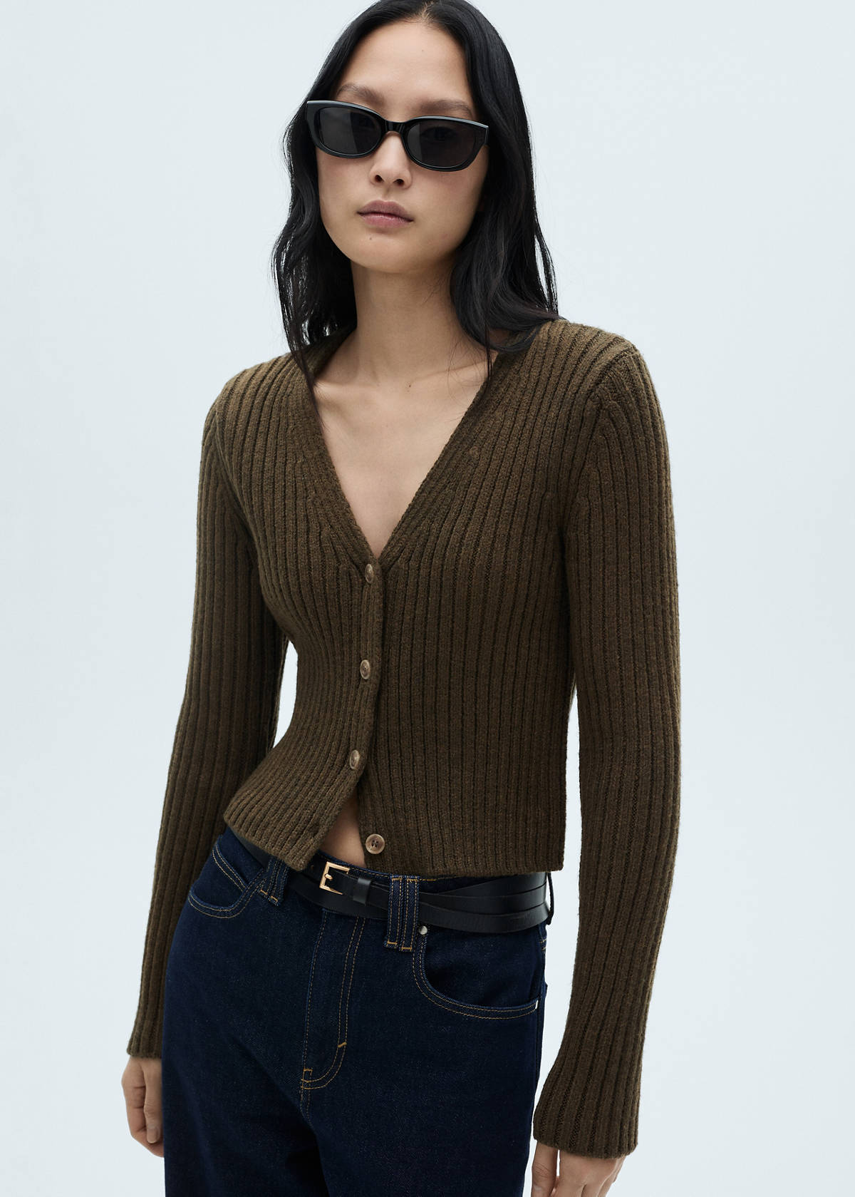 V-neck ribbed cardigan — Khaki