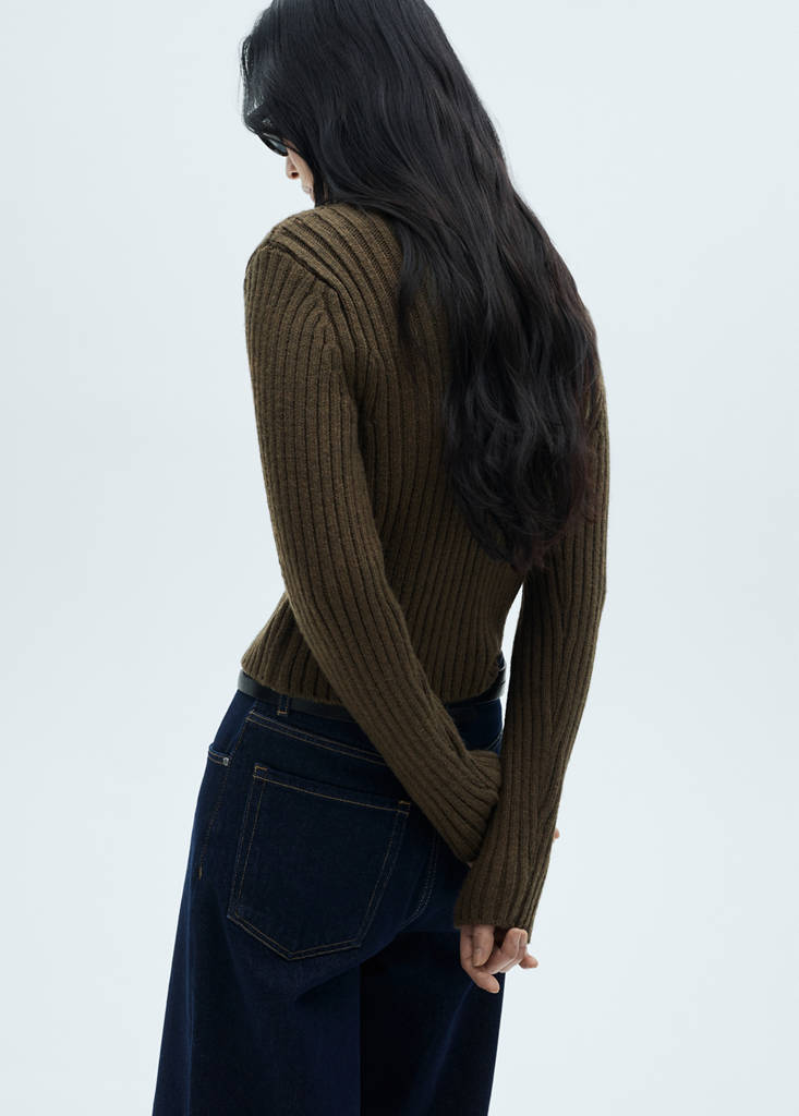 V-neck ribbed cardigan — Khaki