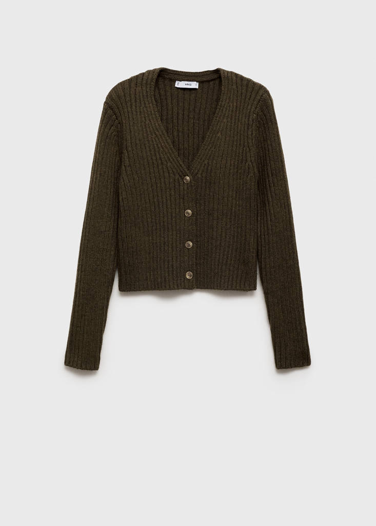V-neck ribbed cardigan — Khaki