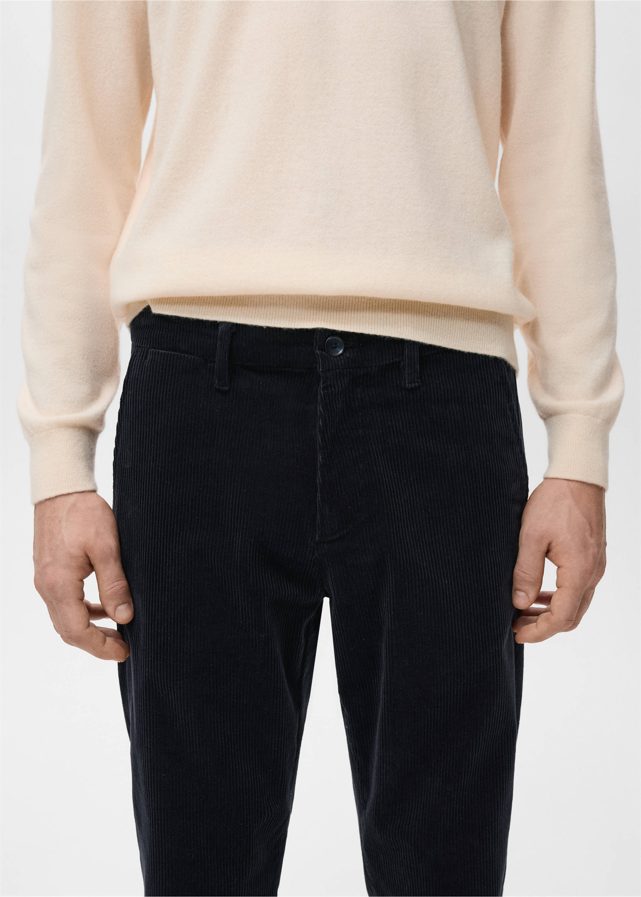 Corduroy slim-fit trousers - Details of the article 1, Navy. Ref: 27001195-00.