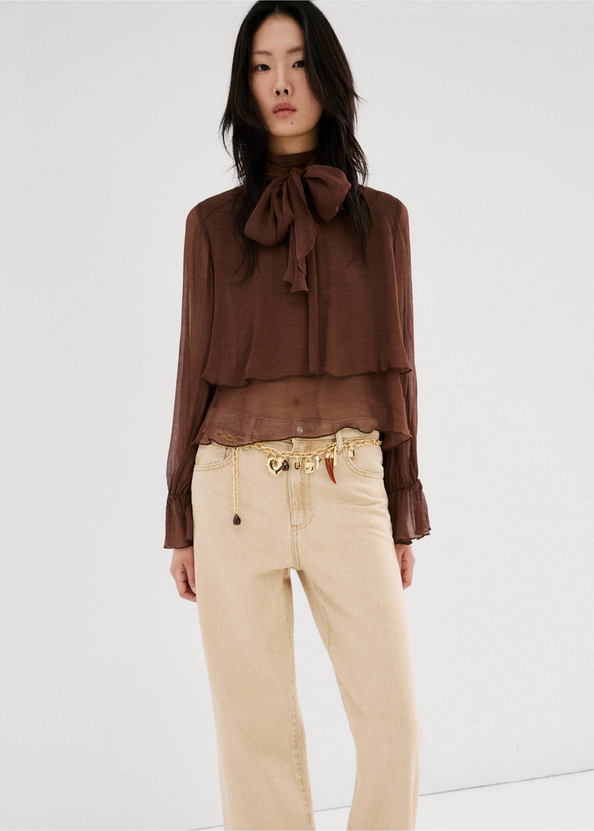 Danila high-waisted wide leg jeans - Details of the article 6, Sand. Ref: 27001246-00.
