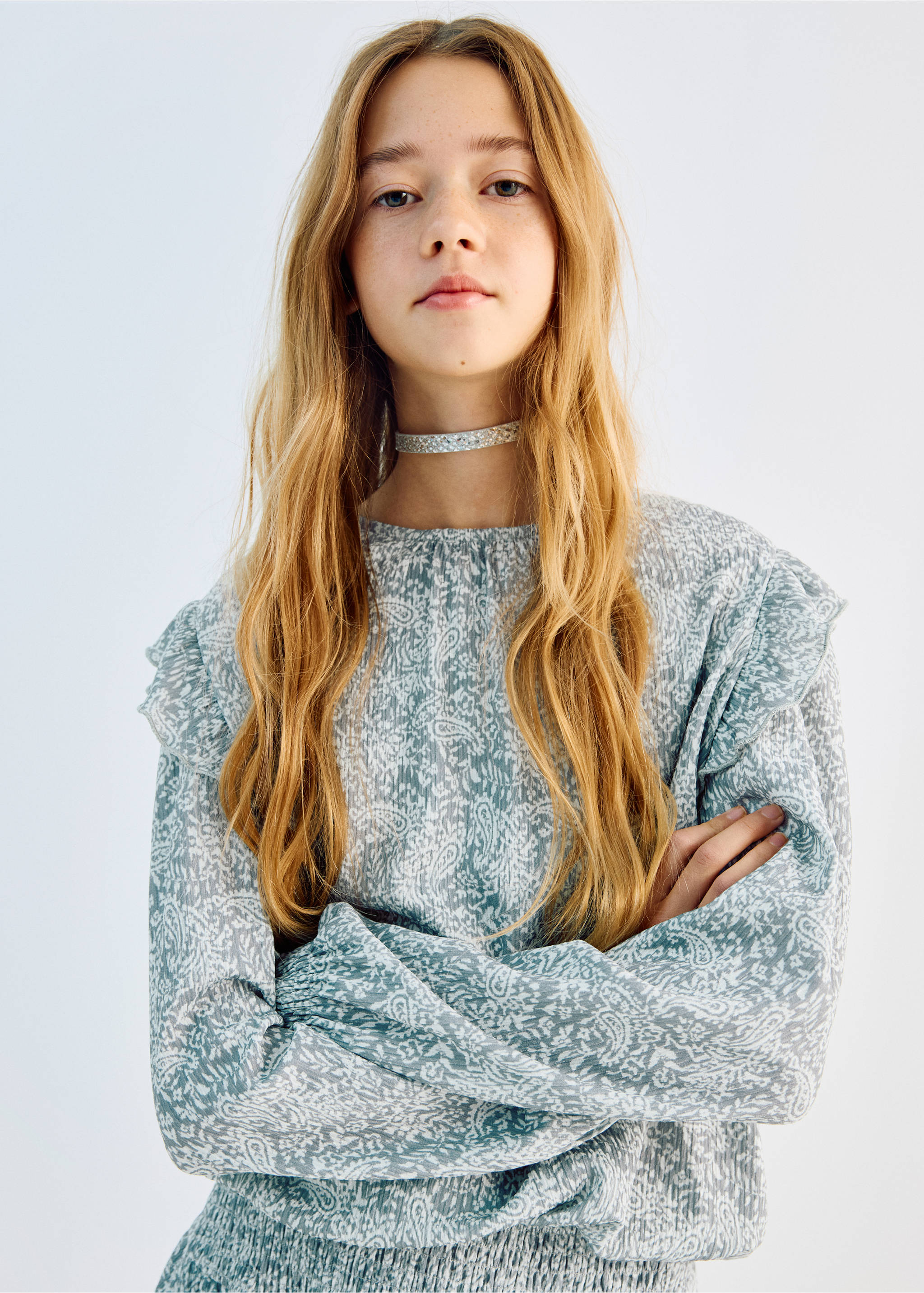 Ruffled printed t-shirt - Details of the article 1, Blue. Ref: 27001346-00.