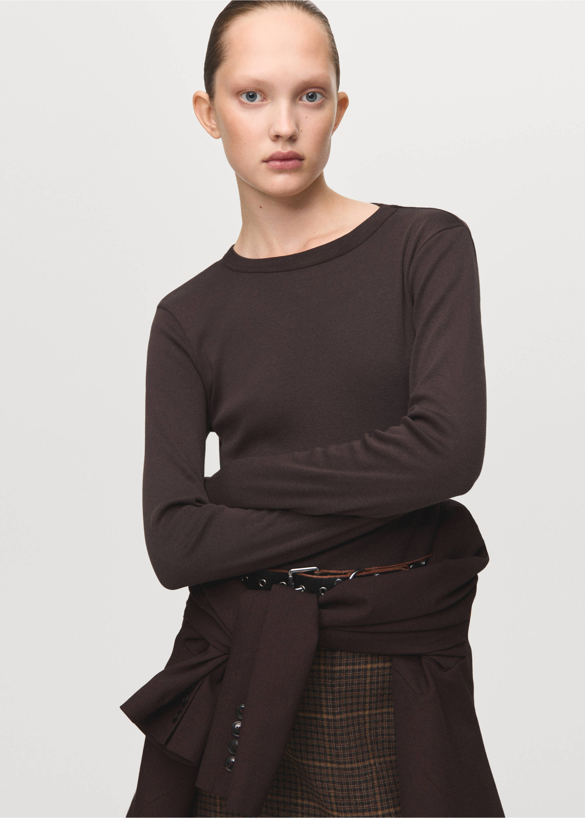 Long sleeve cotton t-shirt - Medium plane, Brown. Ref: 27001352-00.