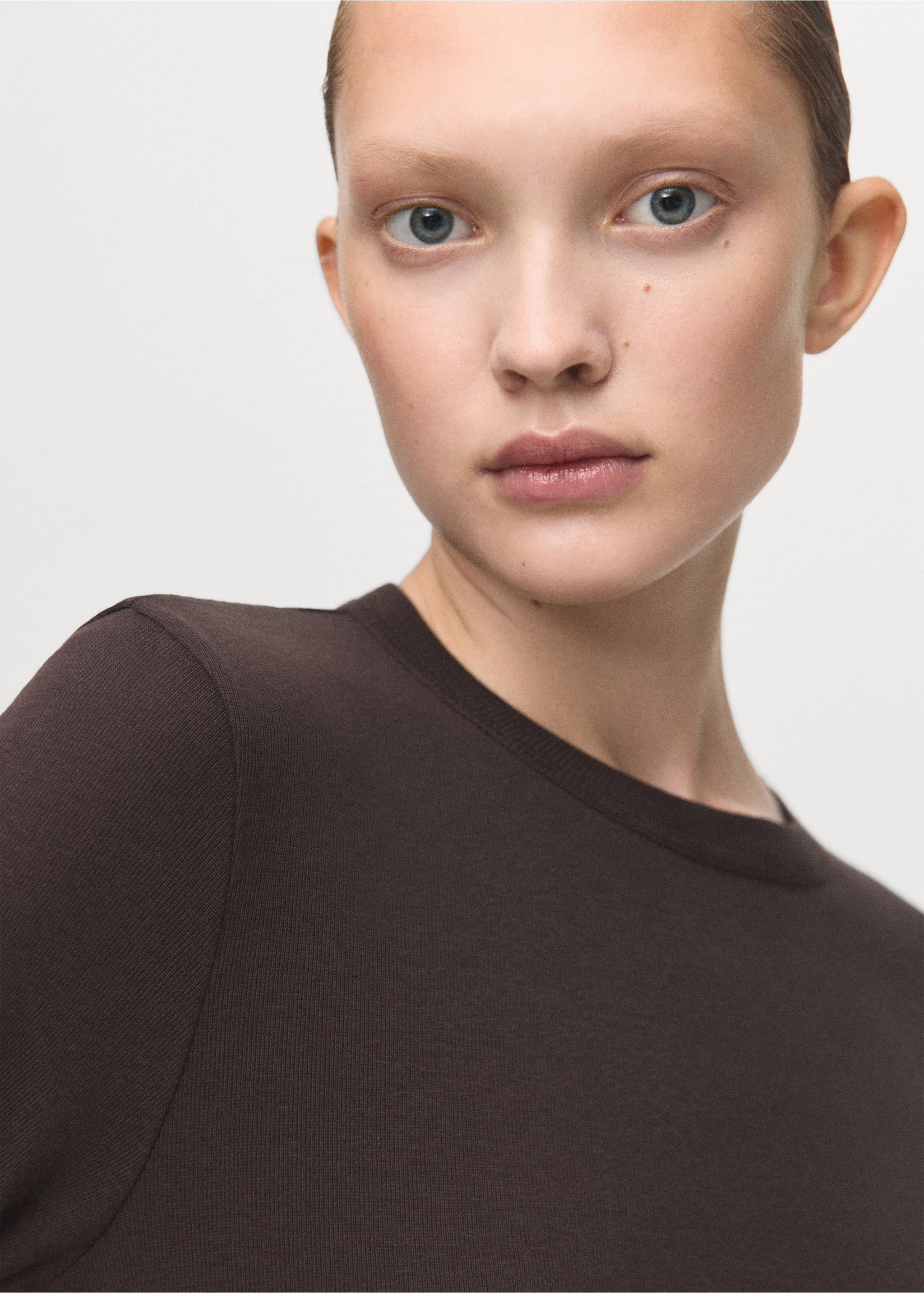 Long sleeve cotton t-shirt - Details of the article 1, Brown. Ref: 27001352-00.
