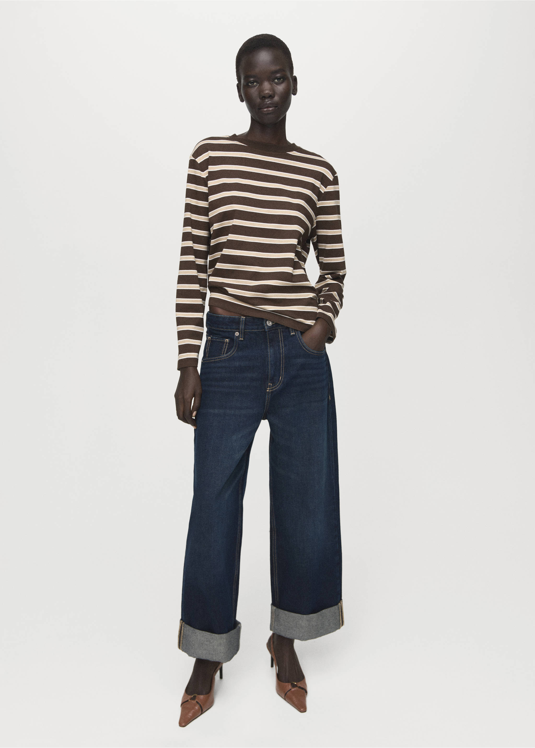 T-shirt rayé manches longues - Plan général, Marron. Ref: 27001358-00.