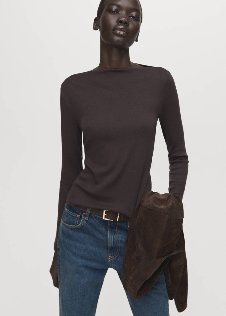 Long-sleeved boat-neck t-shirt — Chocolate