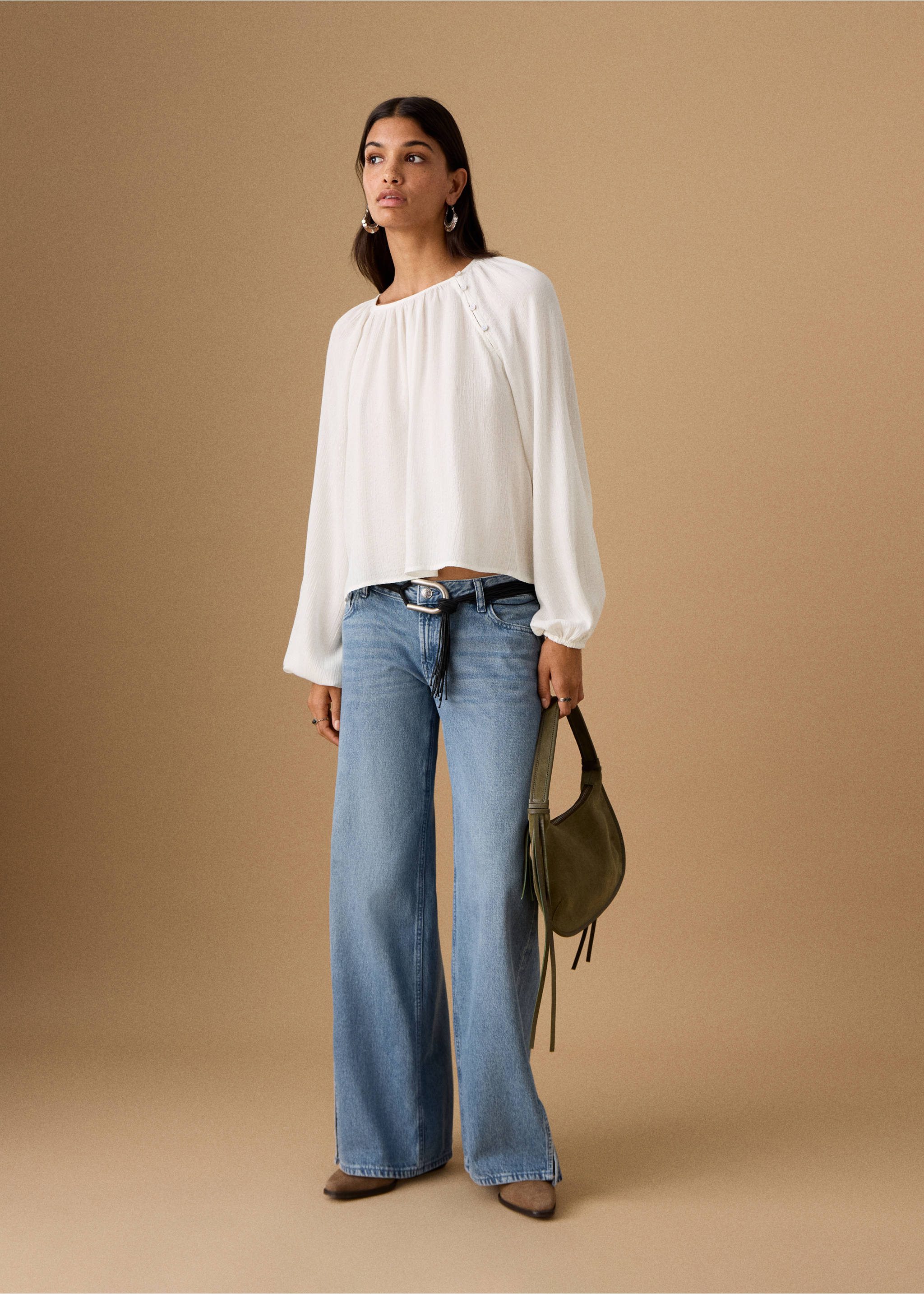 Blouse with lurex details - Общий план, Грязно-белый. Ref: 27001513-00.