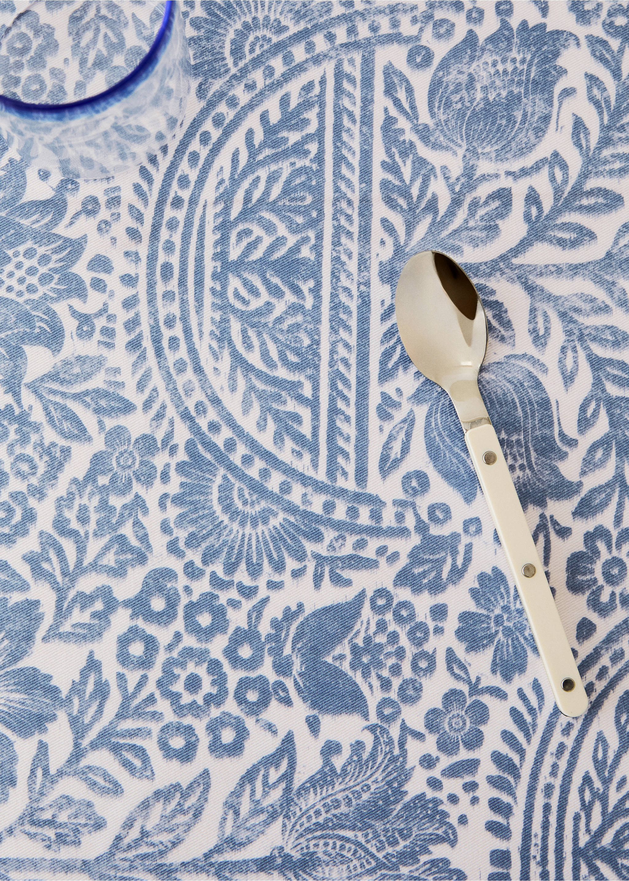 Cotton tablecloth with striped floral patterns for 2 to 4 diners - Details of the article 7, Blue. Ref: 27001530-00.